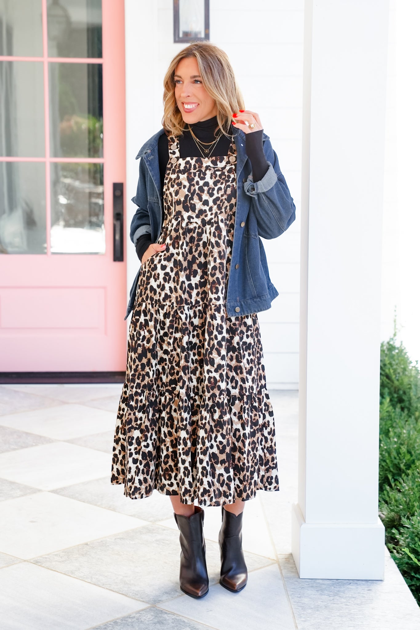 Plus/Reg Leopard Sleeveless Bib Overall Midi Dress