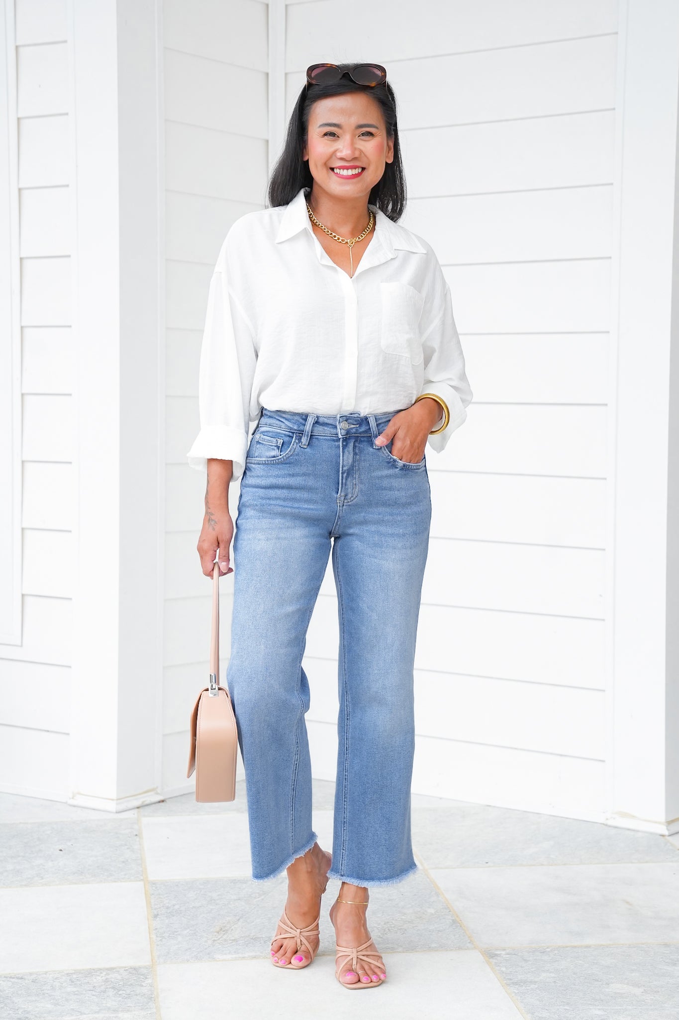 Lovervet High Rise Medium Wash Cropped Slim Wide Leg Jeans
