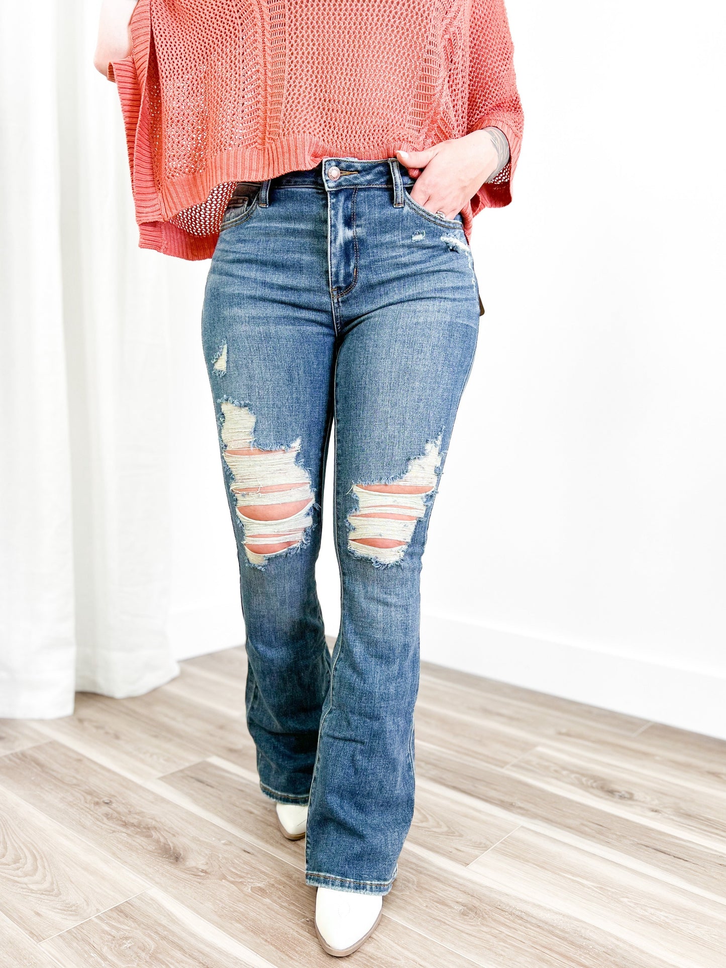 Judy Blue Country Roads Medium Wash Mid Rise Distressed Flare Long Inseam Jeans
