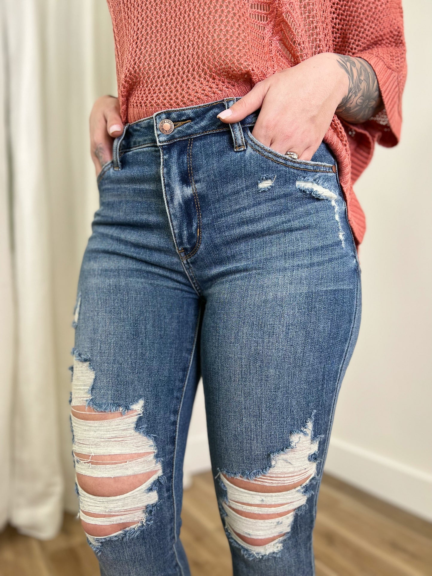 Judy Blue Country Roads Medium Wash Mid Rise Distressed Flare Long Inseam Jeans