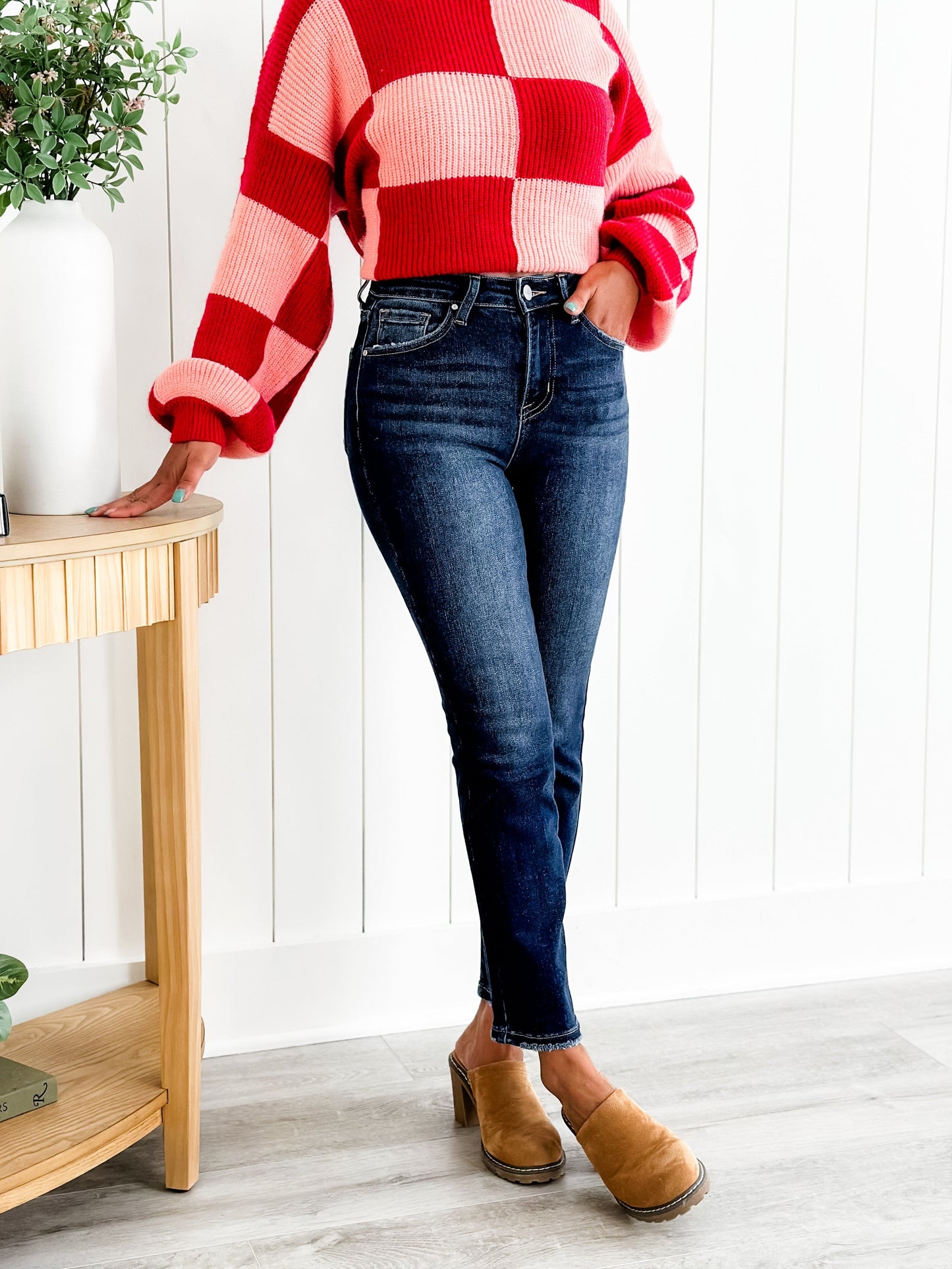 Risen Dark Wash High Rise Cropped Straight Leg Jeans
