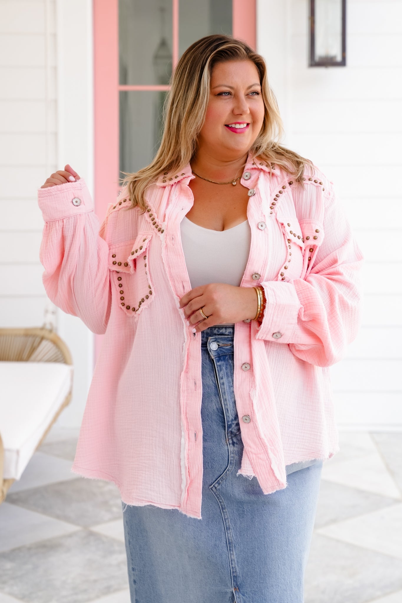 POL Gauze Long Sleeve Button Down Shacket with Stud Detail - More Colors!