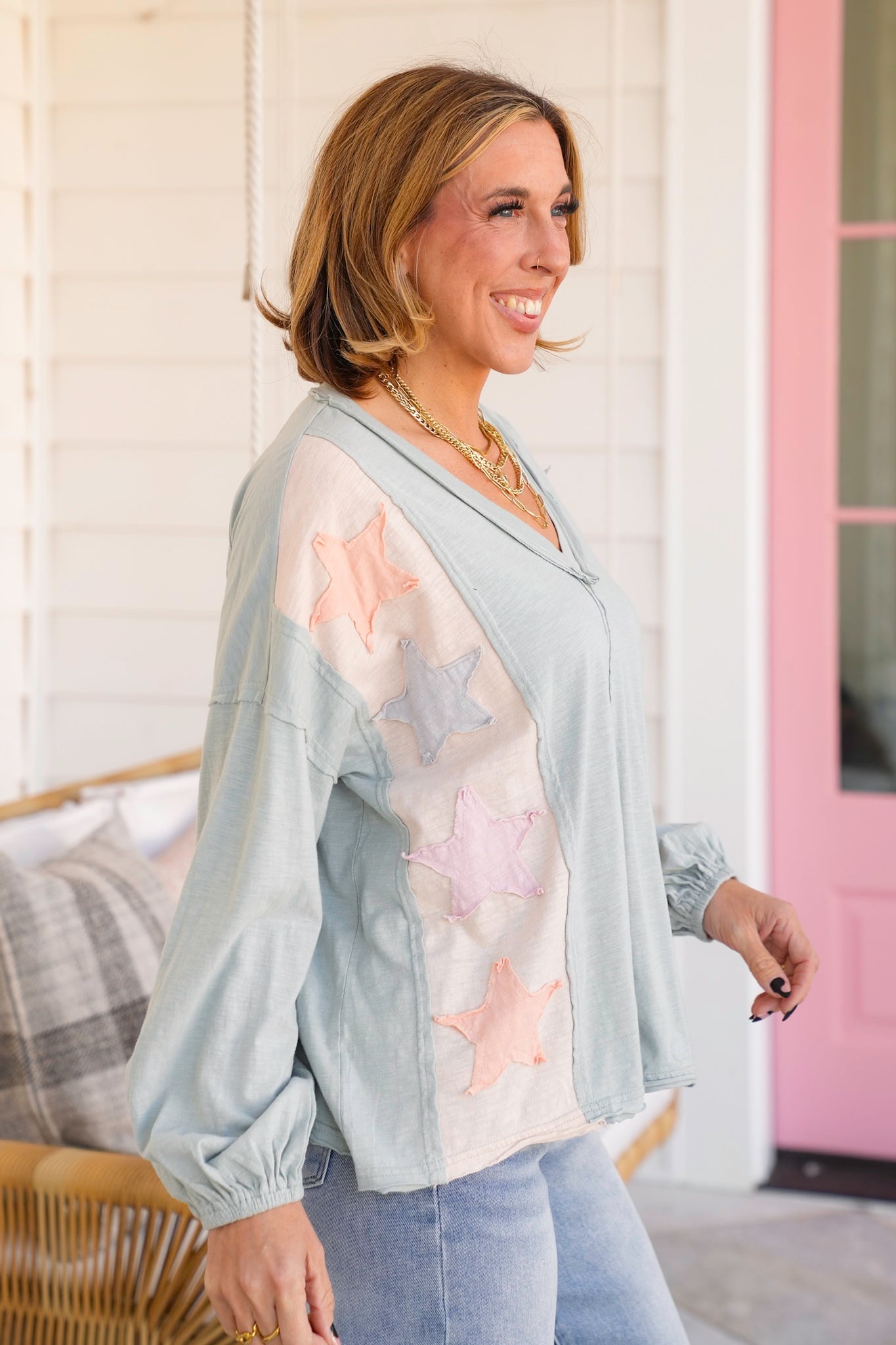 Plus/Reg Long Sleeve V Neck Top with Star Patch Detail