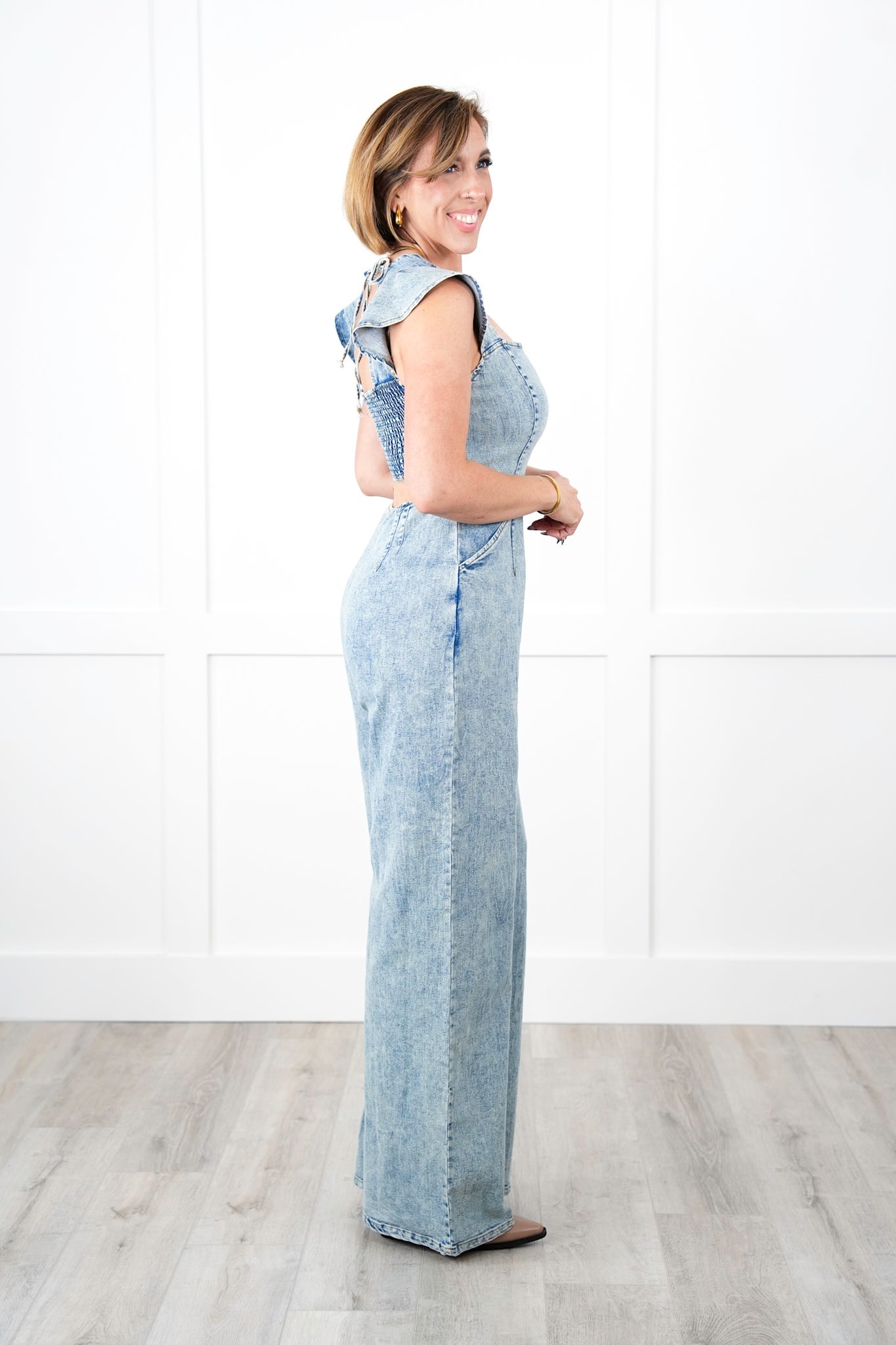 Plus/Reg Denim Sleeveless Jumpsuit with Smocked Back and Peek-a-Boo Detail