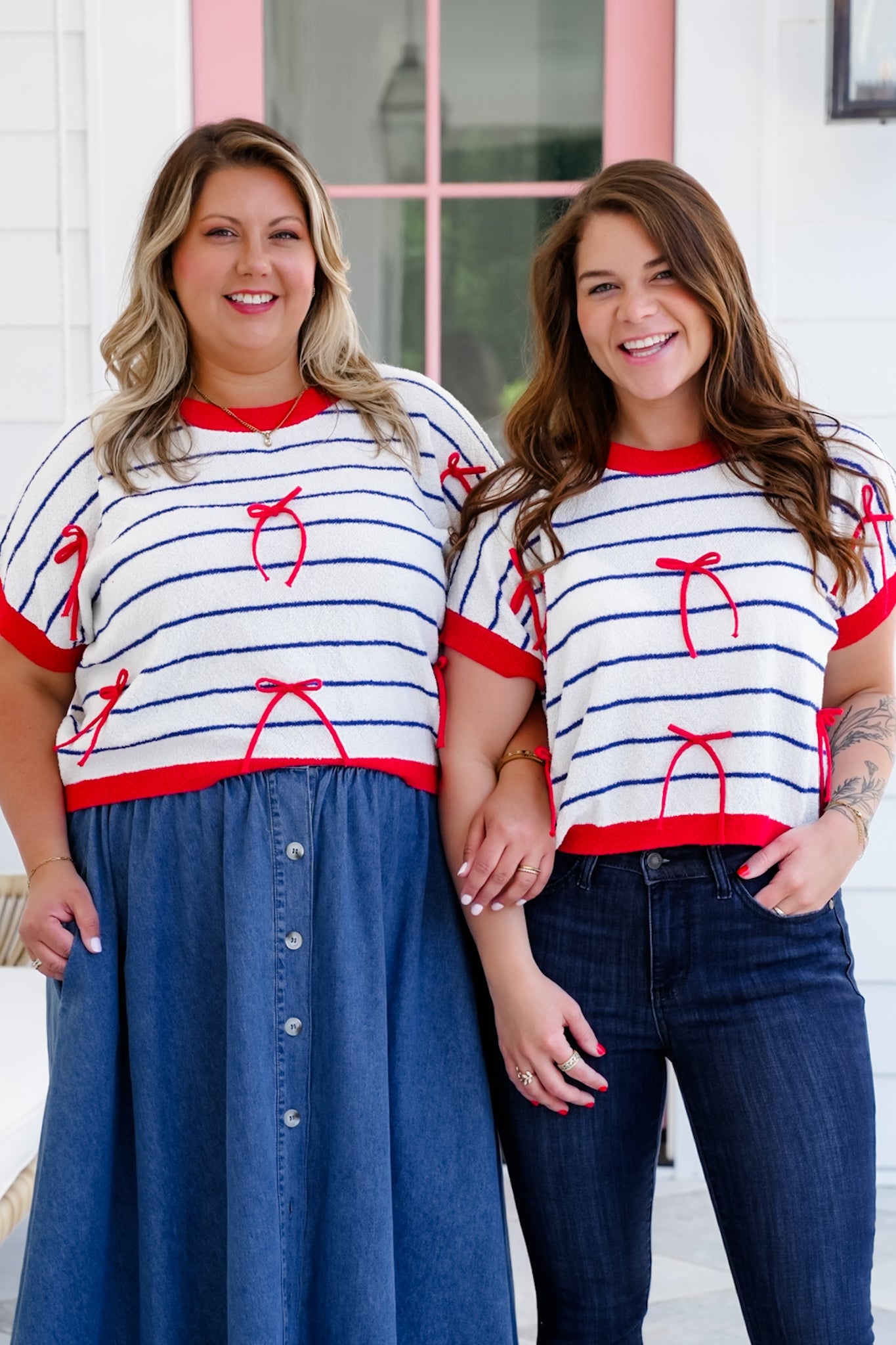 Stripe Short Sleeve Sweater with Bow Detail