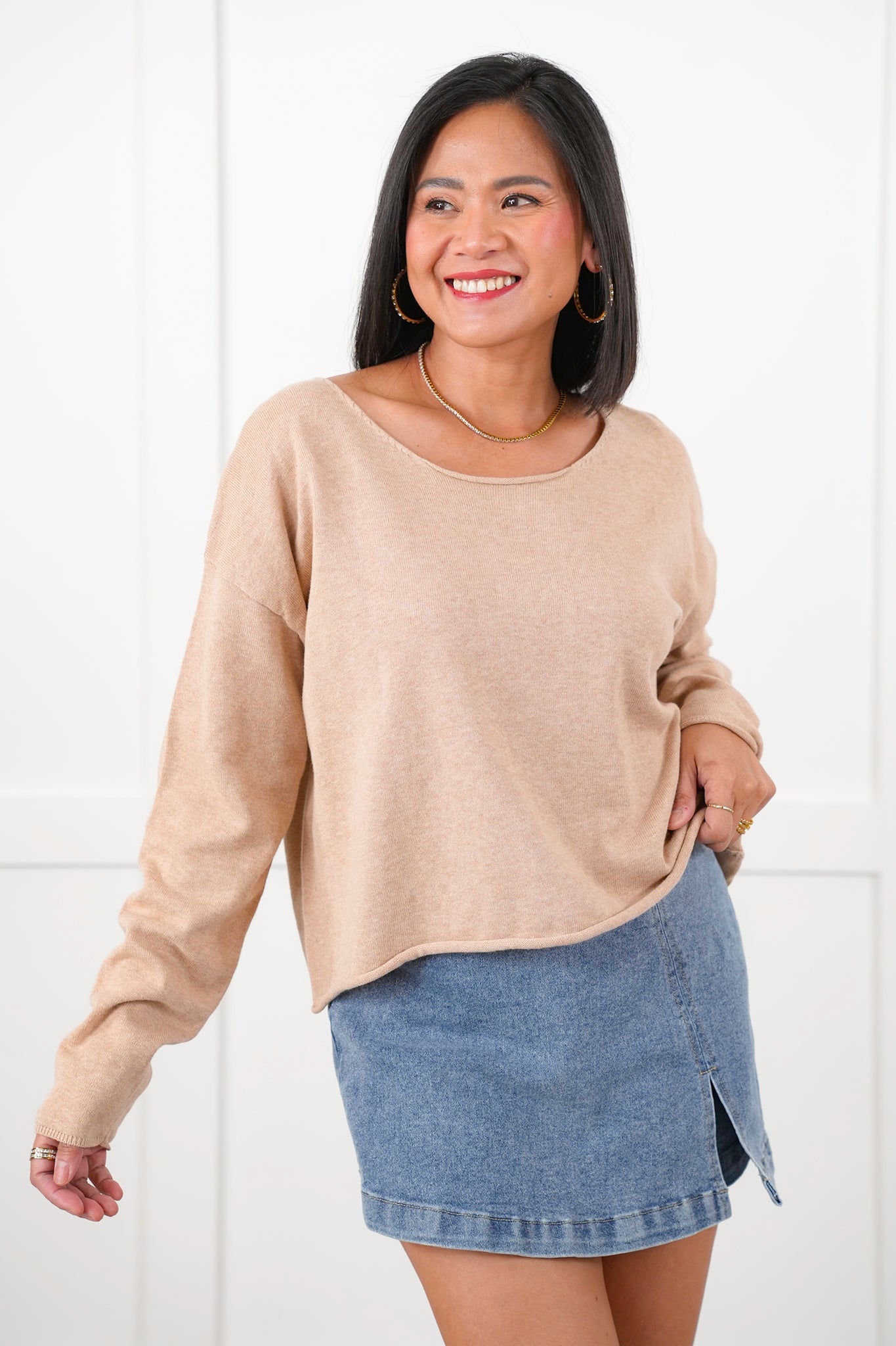 Knit Long Sleeve Boat Neck Pullover Top