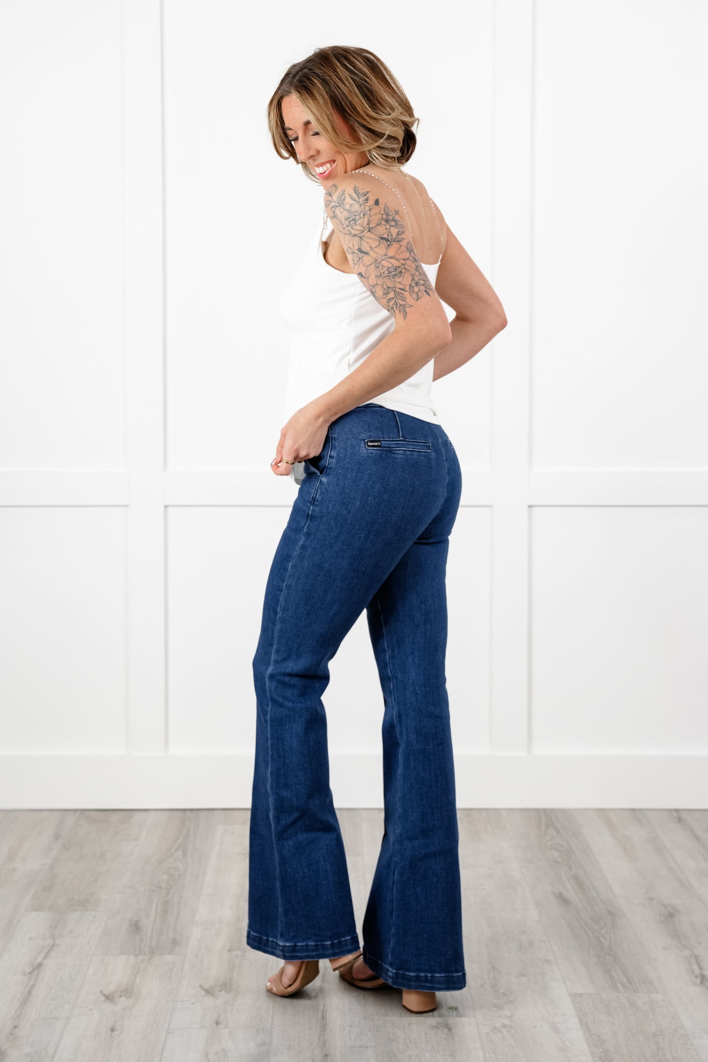 Special A High Rise Dark Wash Tummy Control Flare Jeans with Front Seam Detail