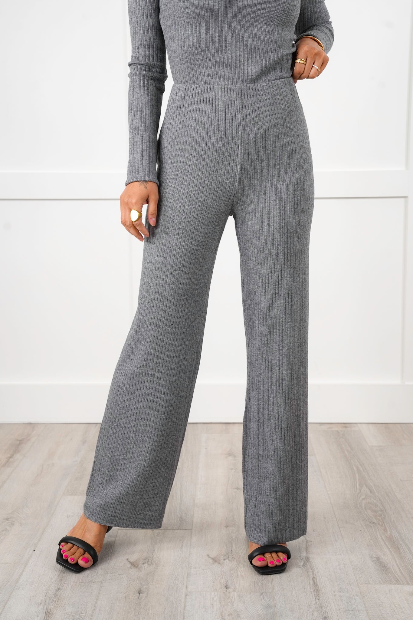Ribbed Knit Long Sleeve Top and Wide Leg Pants Set