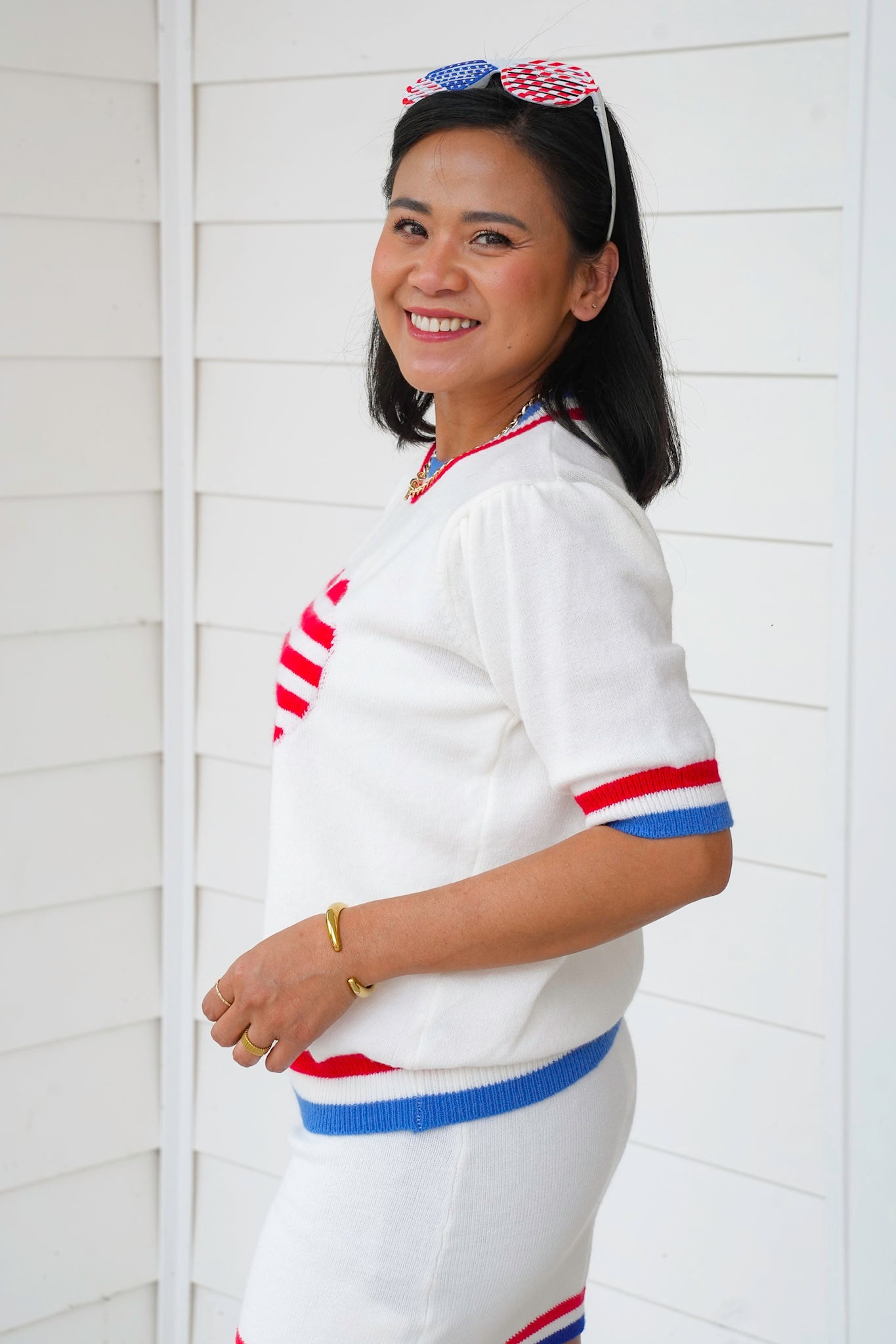 Restock! American Flag Stripe Heart Short Sleeve Pullover Sweater
