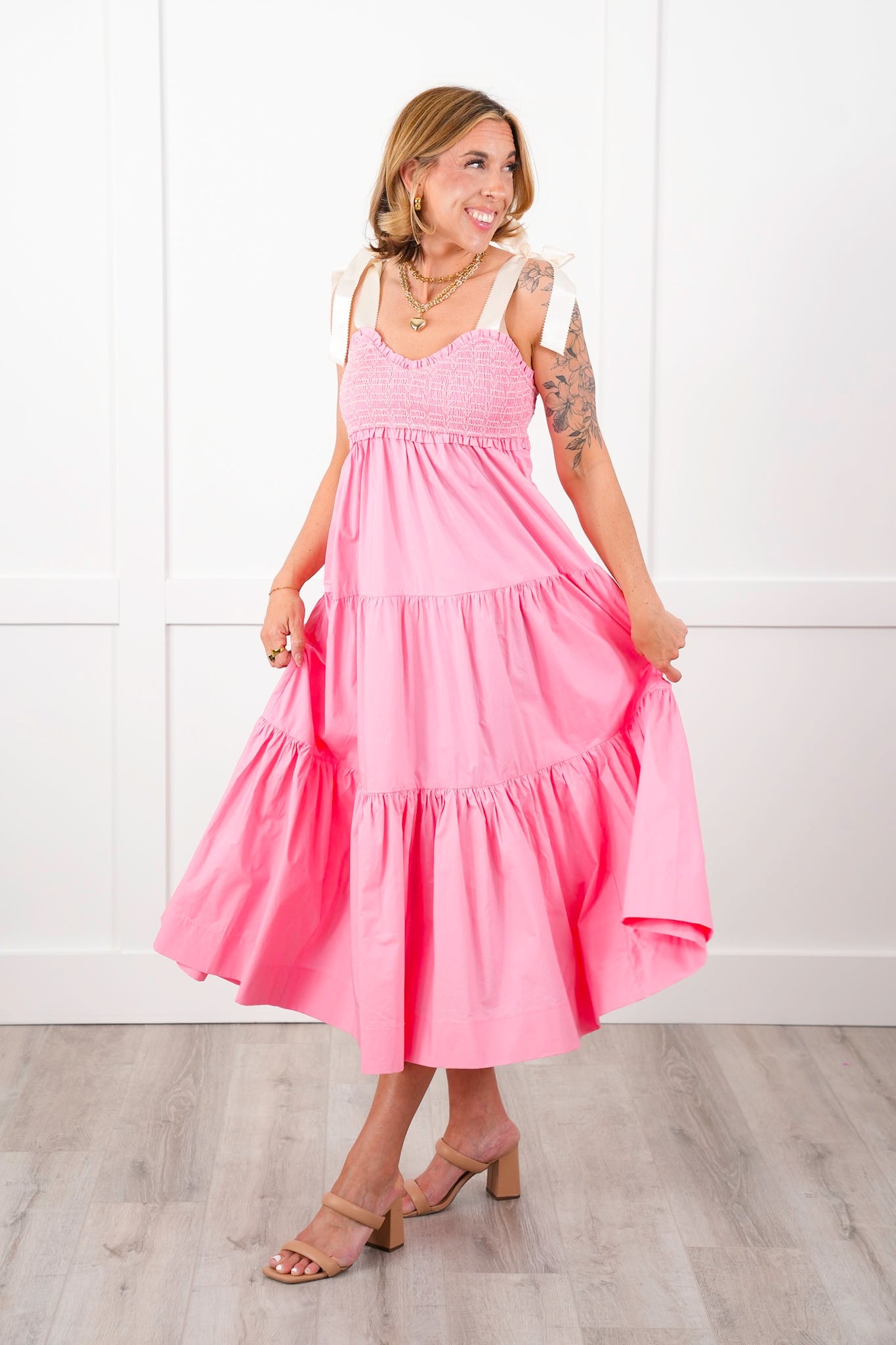 Plus/Reg Smocked Sweetheart Neckline Tiered Maxi Dress