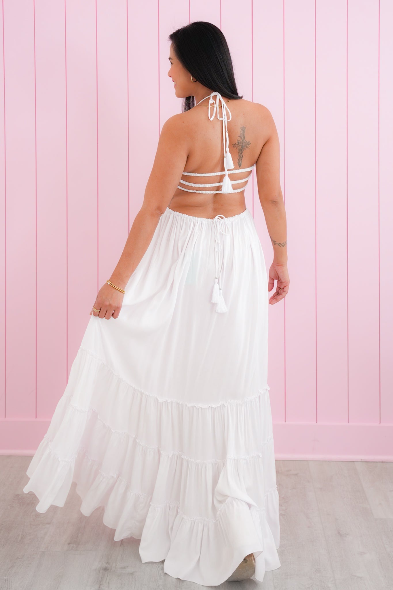 Tiare Hawaii White Smocked Tiered Maxi Dress With Back Strap Detail