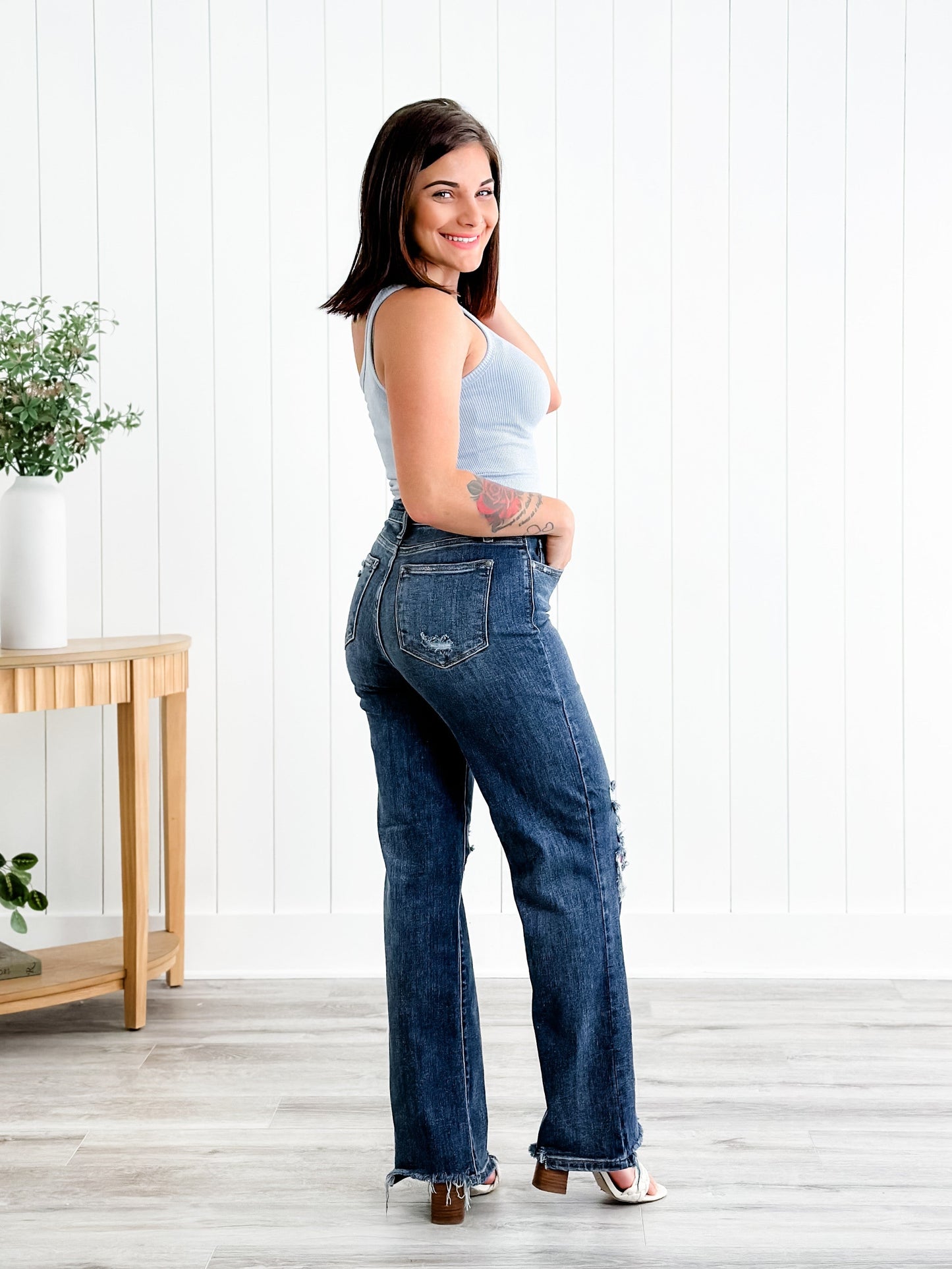 Judy Blue Jagged Little Pill High Rise Dark Wash 90's Destroyed Knee Straight Leg Jeans