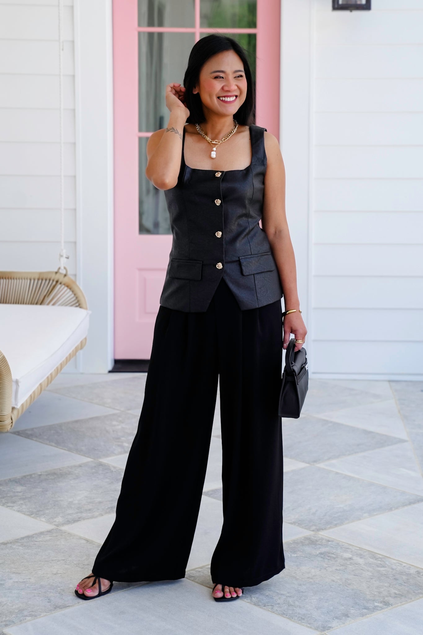 Black Vegan Leather Square Neck Button Down Vest