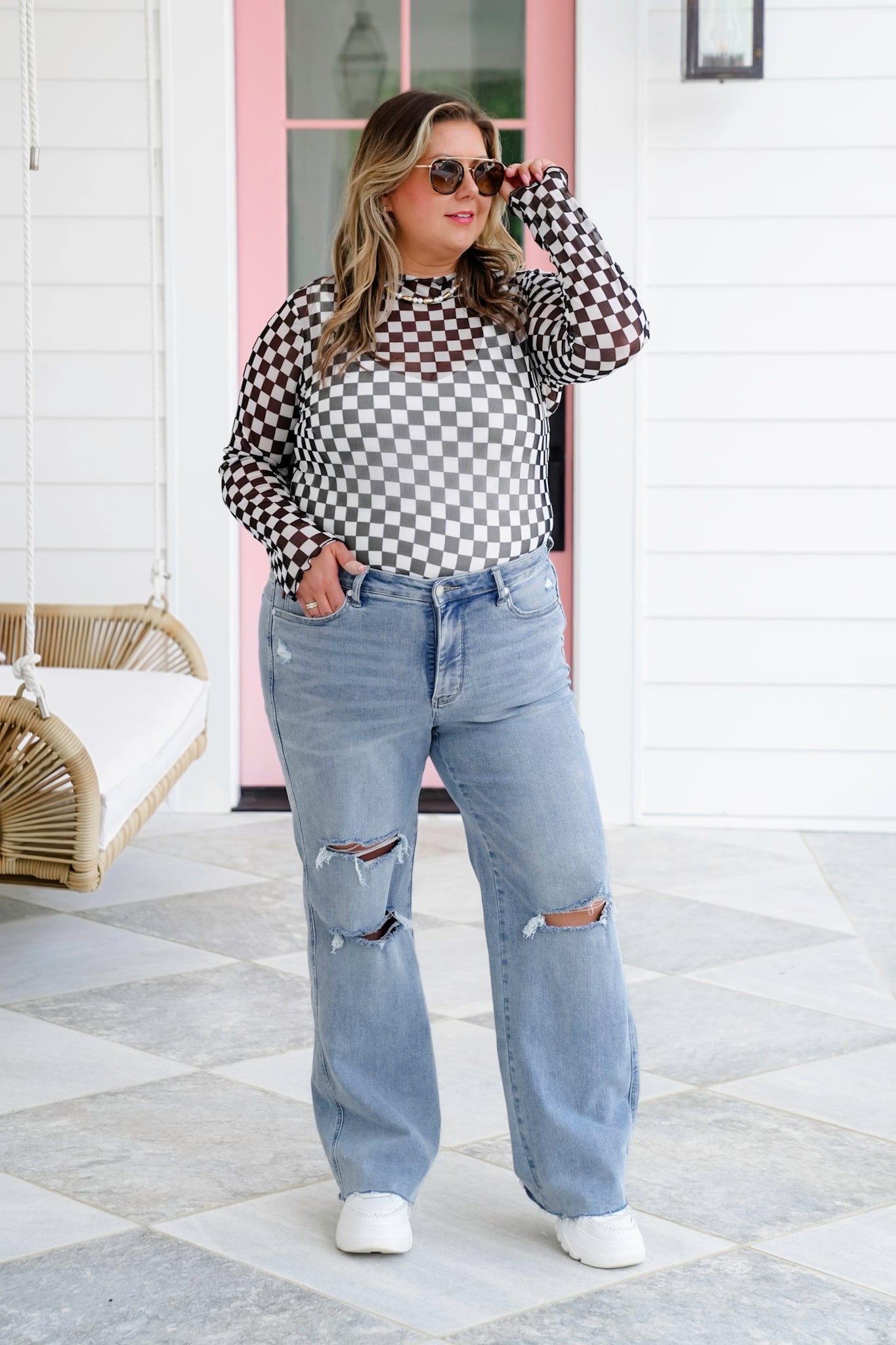 Plus/Reg Checkered Mesh Long Sleeve Mock Neck Top