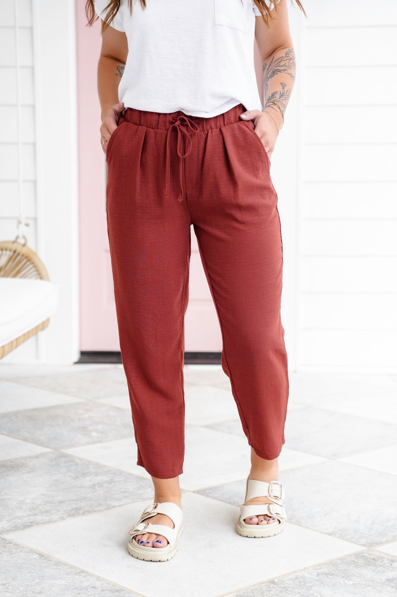 Door Buster! Zenana Woven Crepe Drawstring Elasticband Waist Pants