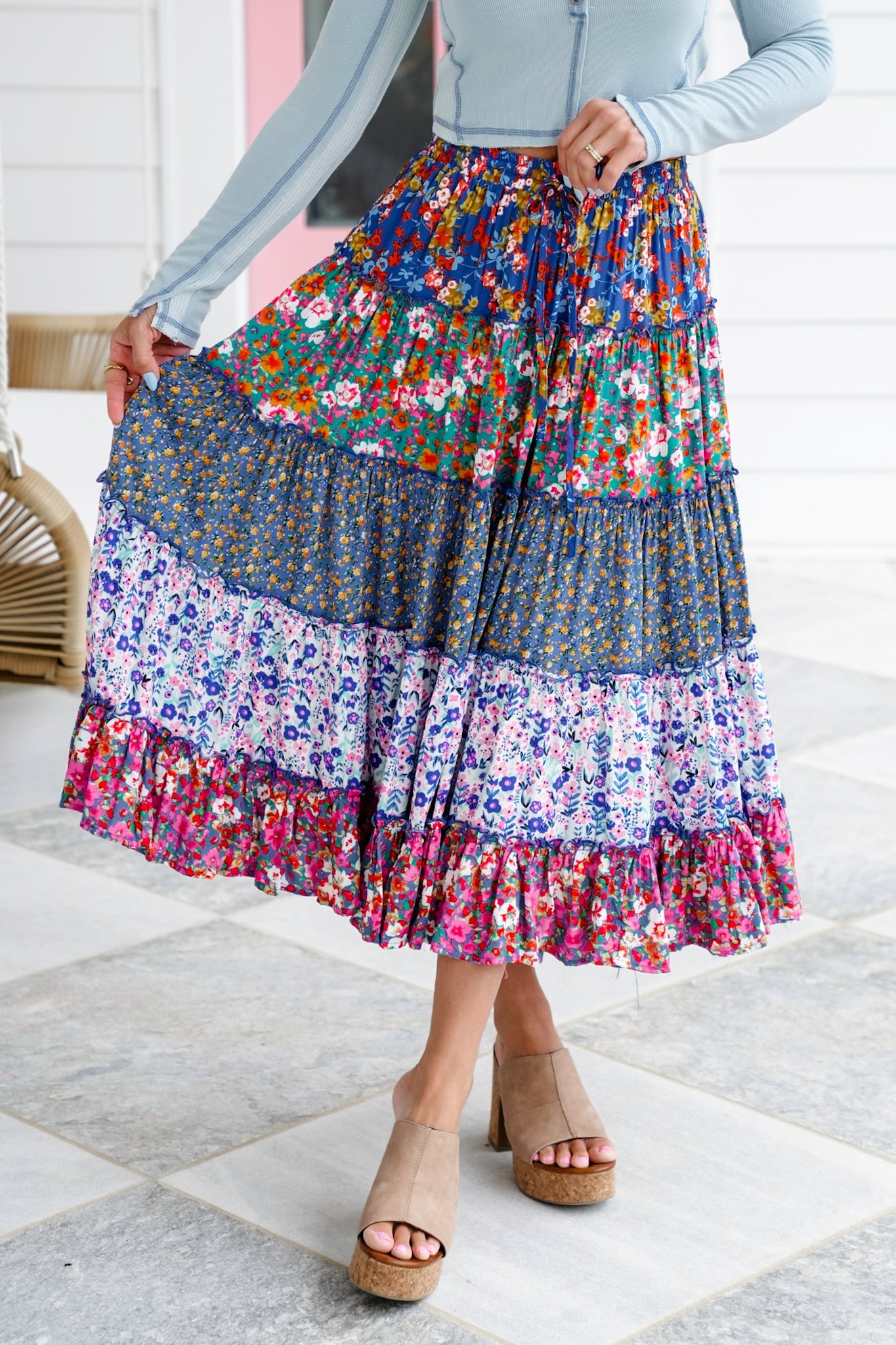 Plus/Reg Mixed Floral Print Elastic Waist Tiered Skirt