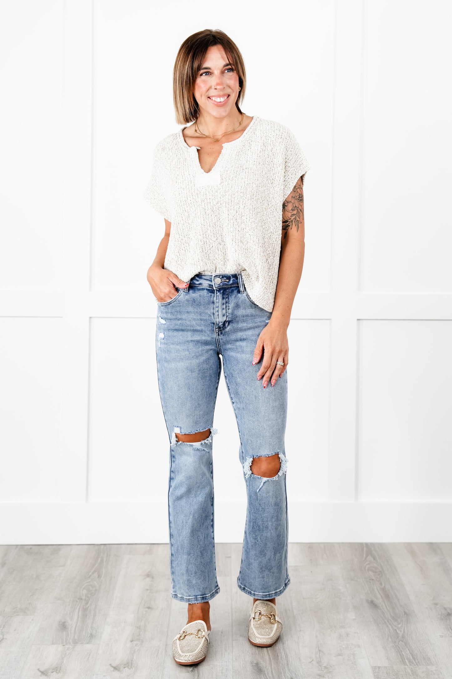 Risen Dressed to Impress High Rise Medium Wash Distressed Knee Ankle Flare Jeans