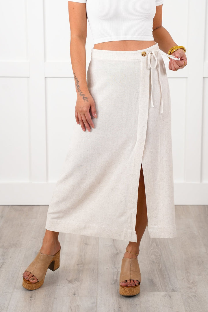 Linen Side Tie Midi Skirt with Front Slit Detail
