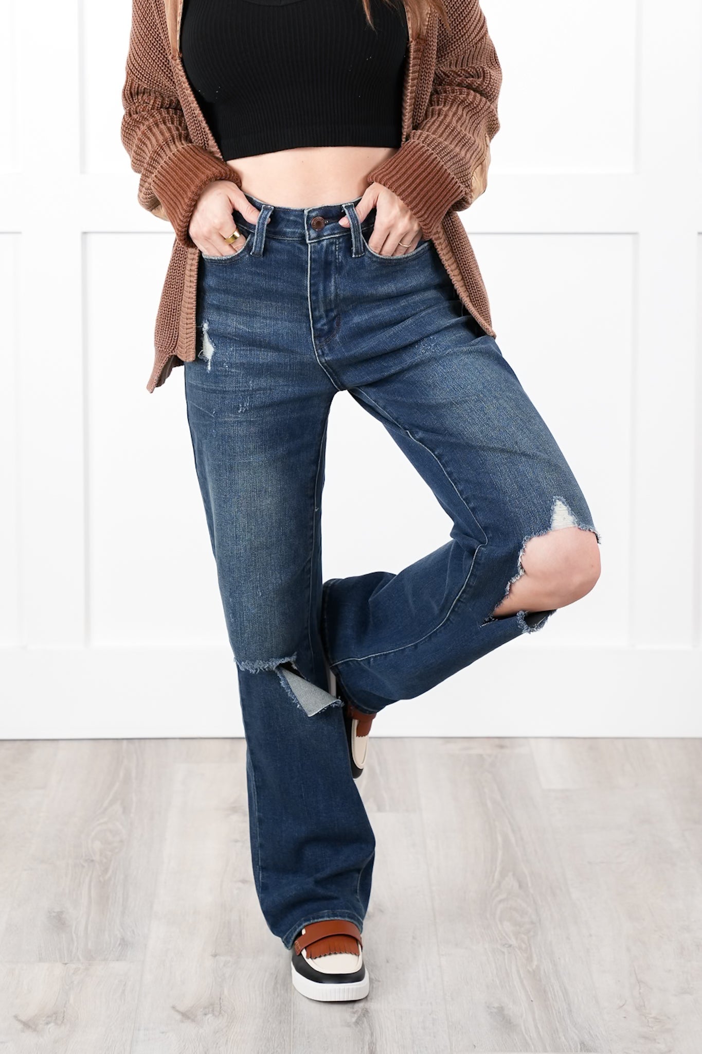 Judy Blue High Rise Dark Wash Ripped Knee Dad Jeans