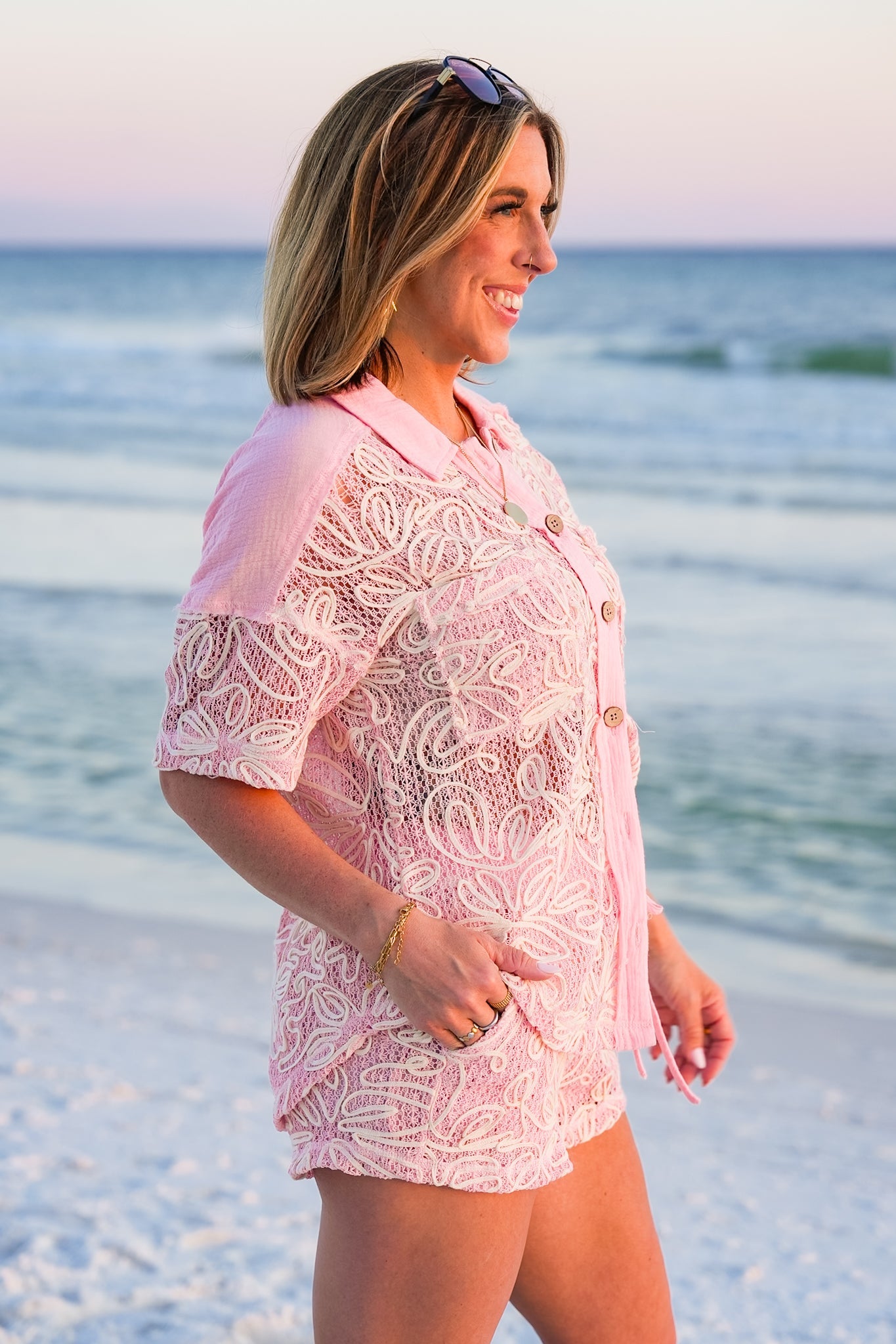 Pink Loose Knit Long Sleeve Button Down Top and Shorts Set