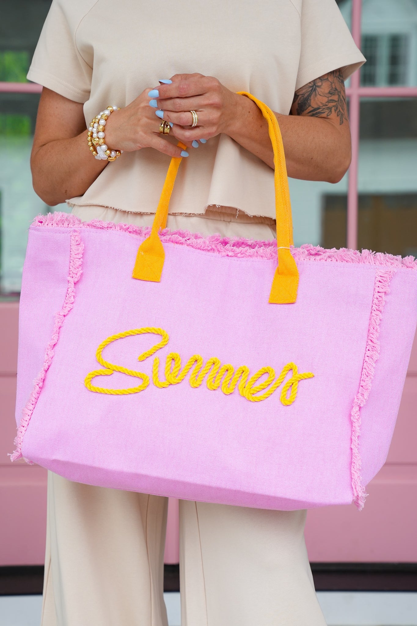 "Summer" Sewn Rope Fringed Adorned Canvas Tote Bag with Zipper Closure