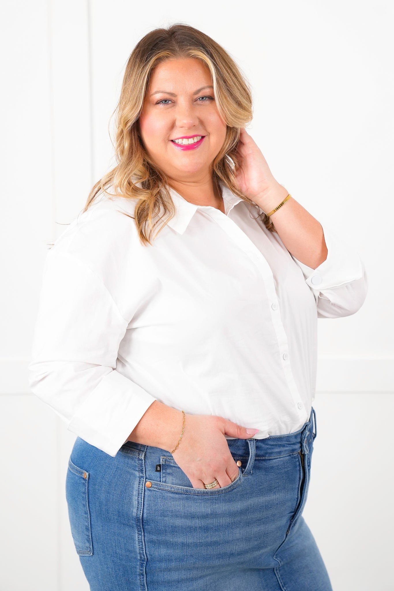 Plus/Reg White Long Sleeve Button Down Shirt with Button and Lace Up Back Detail
