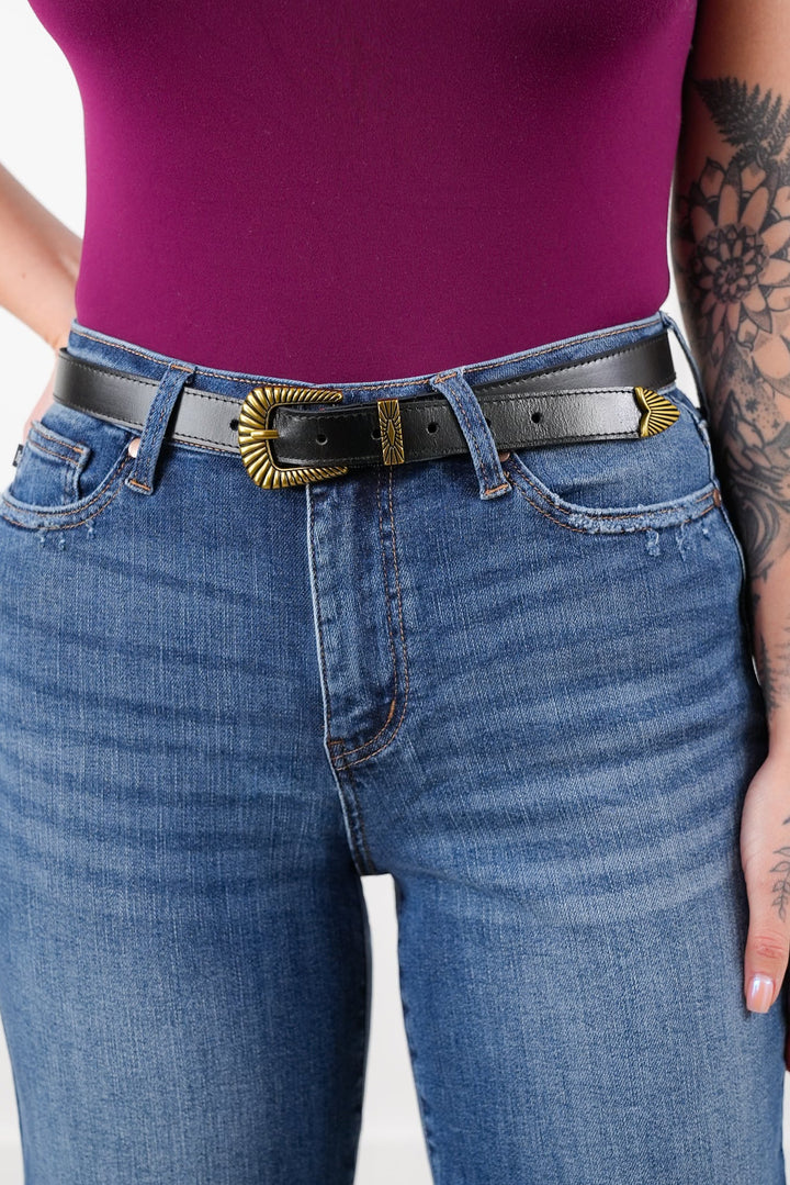 Black Leather Bohemian Brass Buckle Belt
