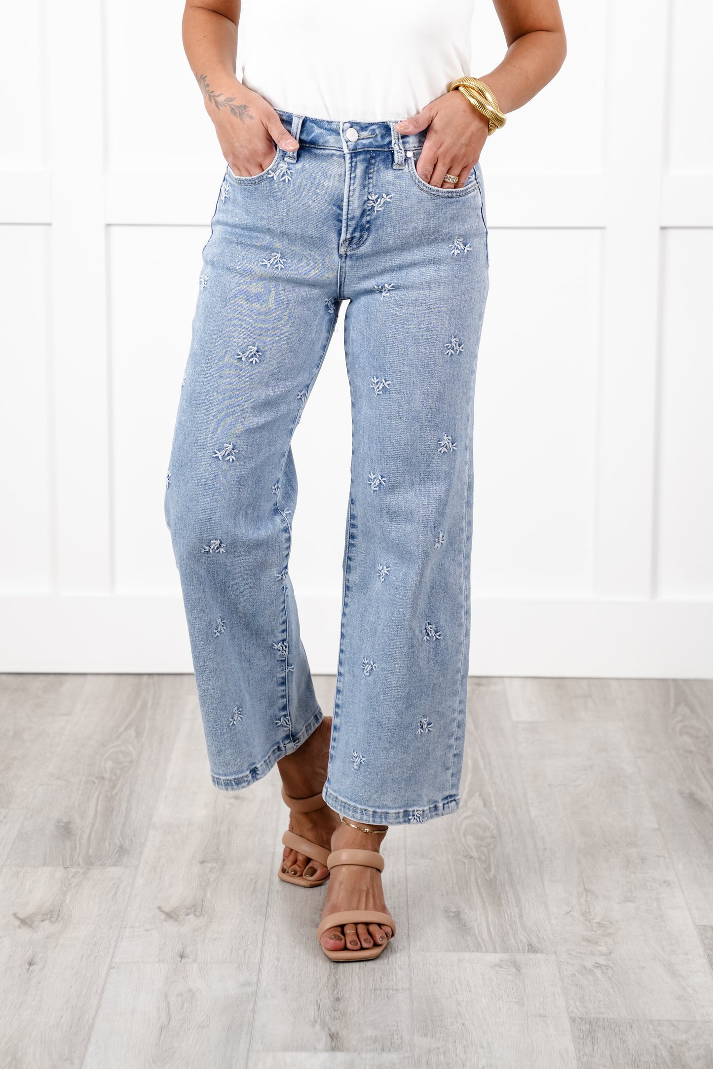 Risen High Rise Light Wash Tummy Control Embroidered Cropped Wide Leg Jeans
