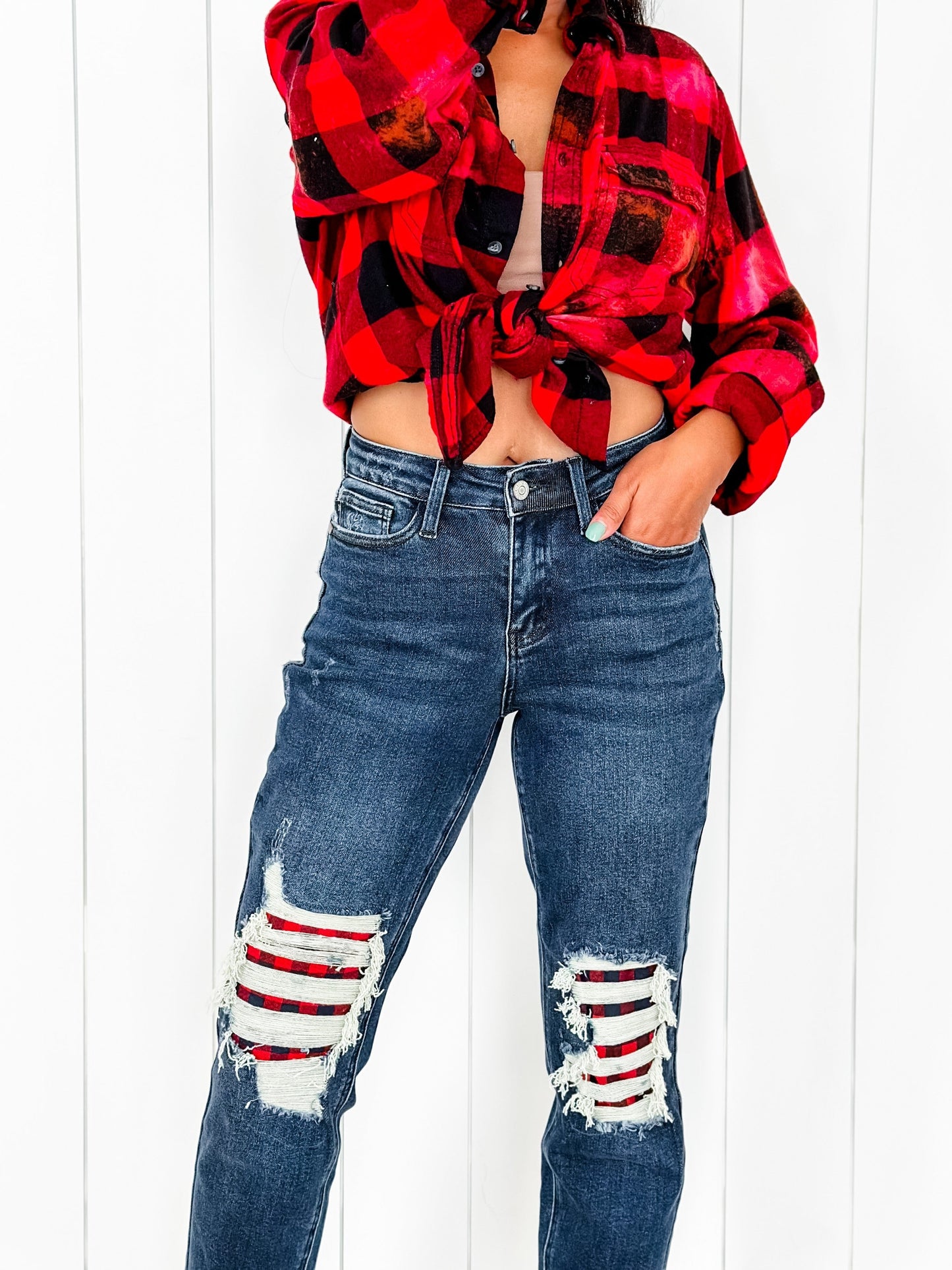 Judy Blue Warm and Cozy Mid Rise Dark Wash Boyfriend Buffalo Plaid Knee Destroy Patches With Cuff Jeans