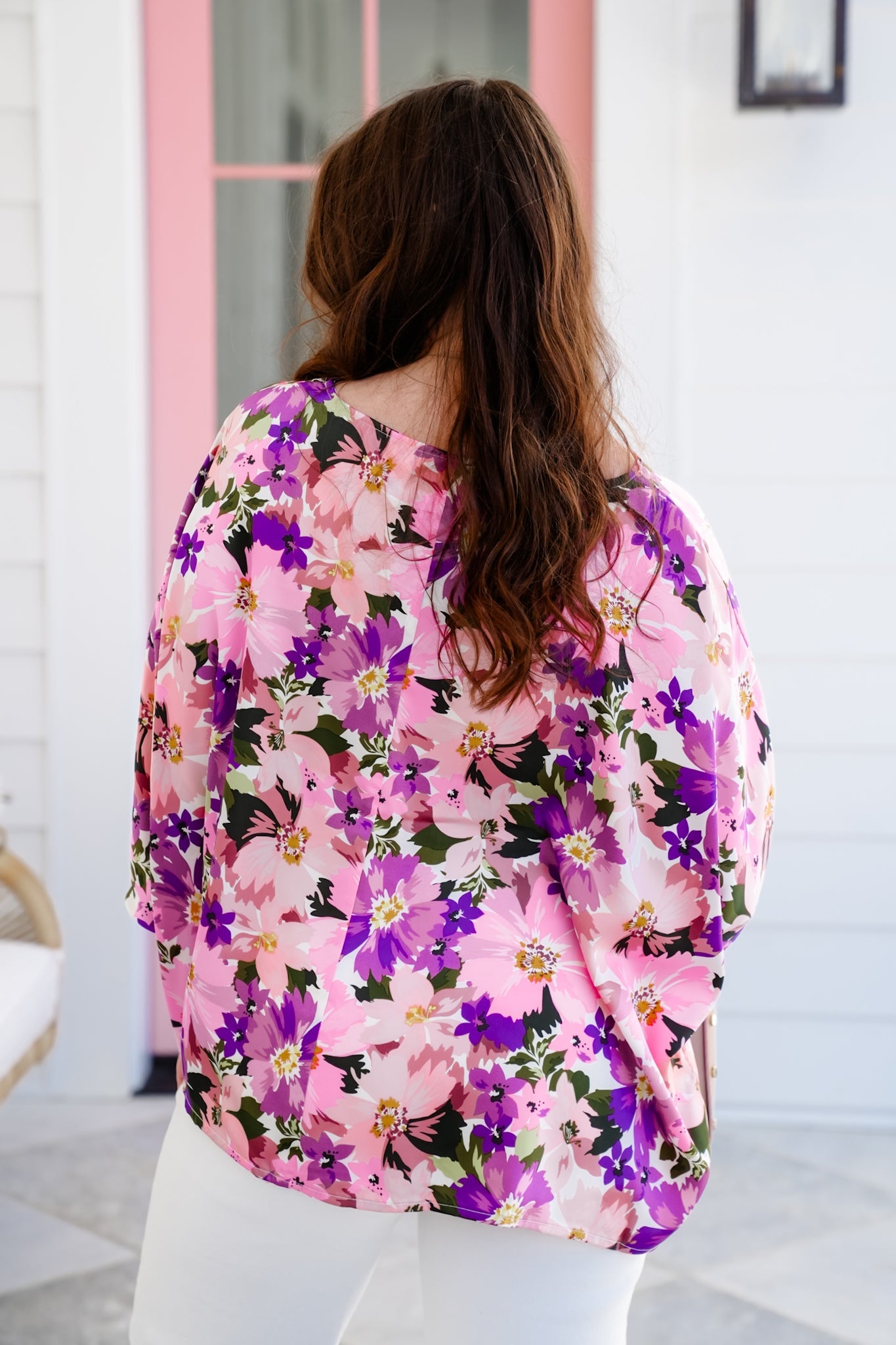 Floral Long Dolman Sleeve Top with Smocking Detail