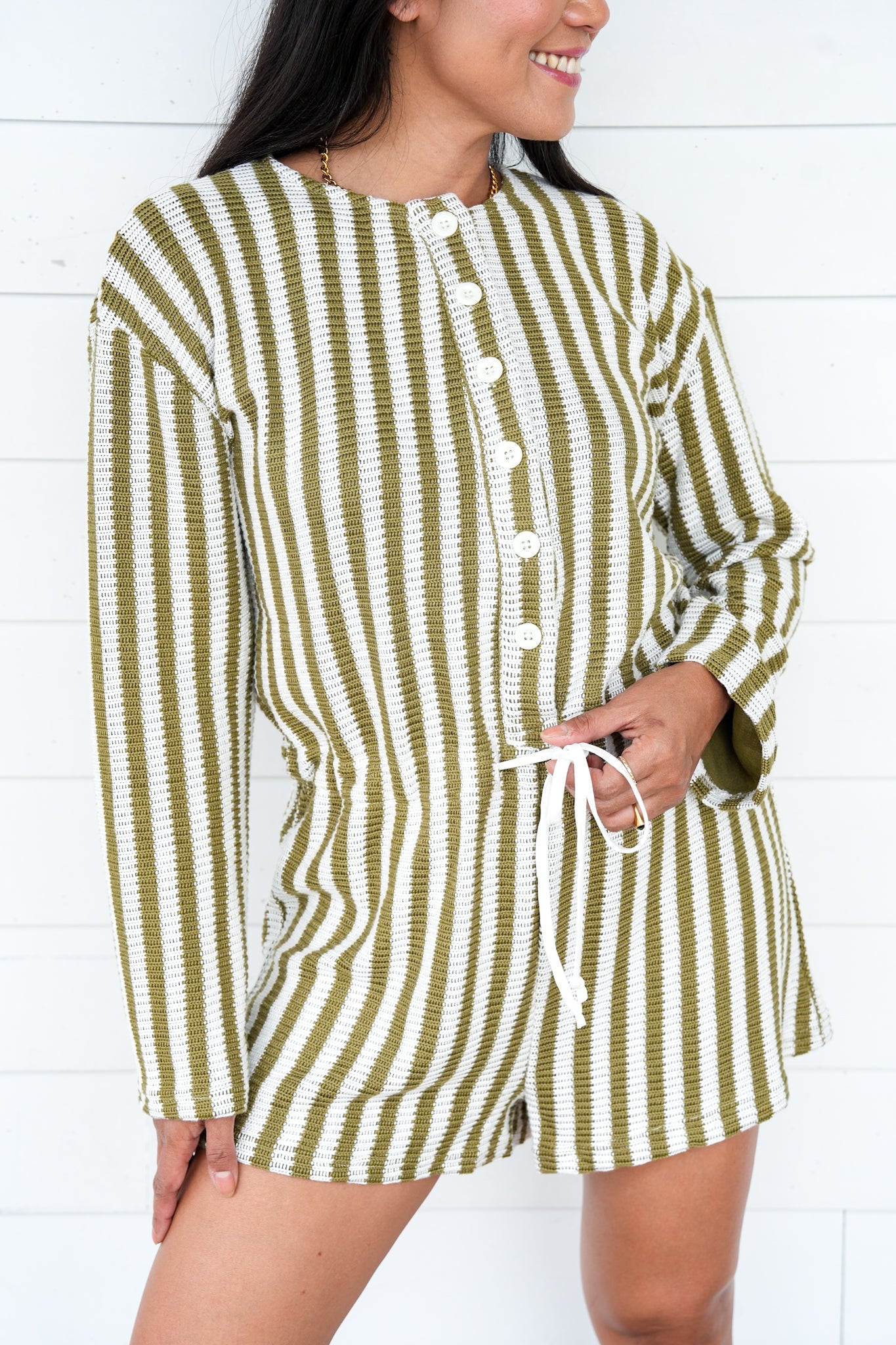 Olive Stripe Long Sleeve Button Up Knit Romper