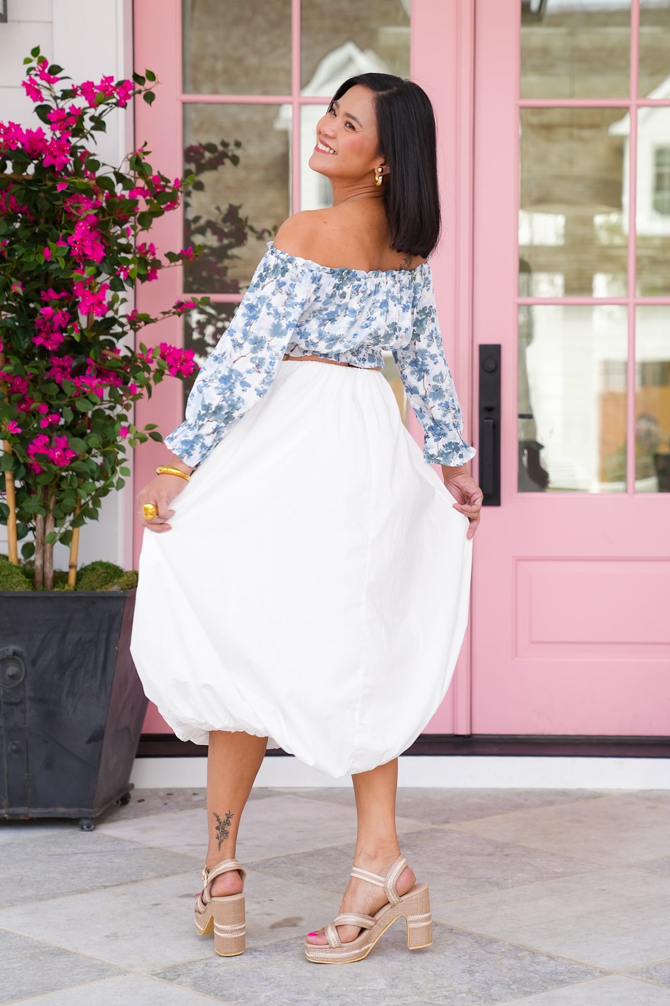 Solid White High Elastic Waist Midi Bubble Skirt