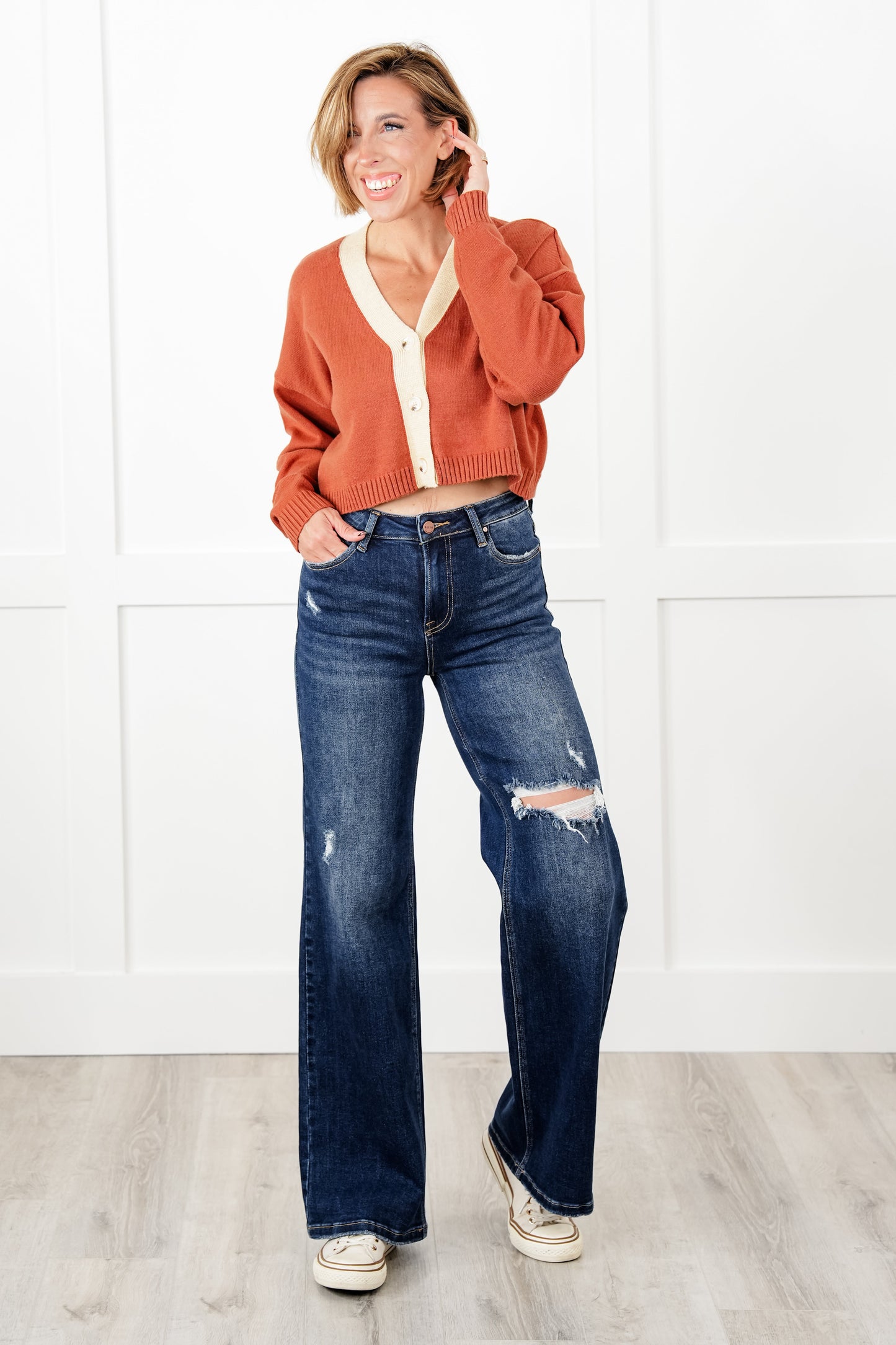 Risen Forget me Not High Rise Dark Wash Distressed Wide Leg Jeans