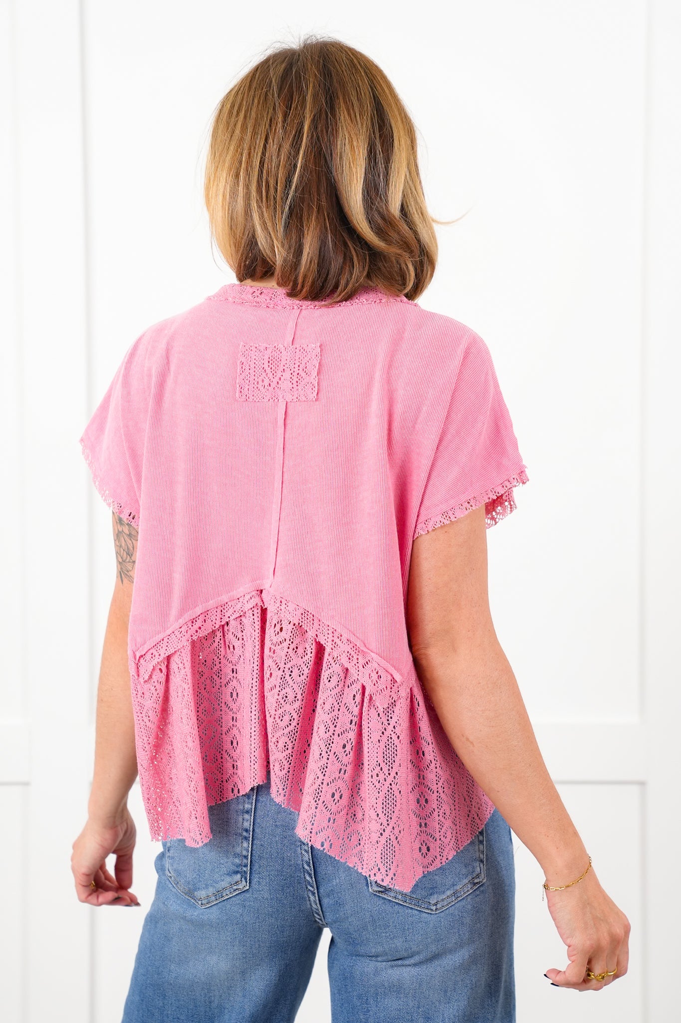 POL Short Sleeve Button Up Knit Top with Crochet Detail