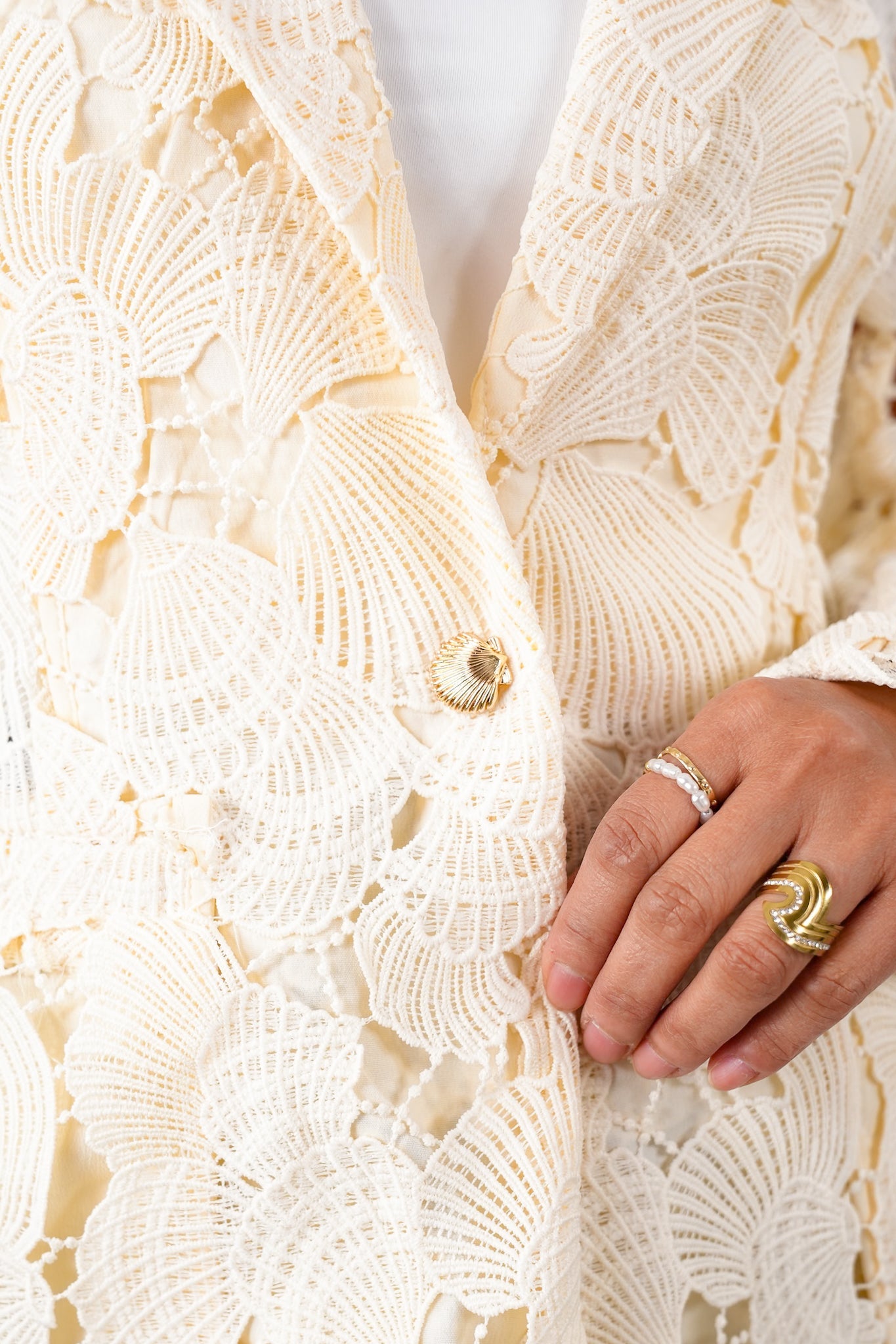 Natural Lace Long Sleeve Button Blazer