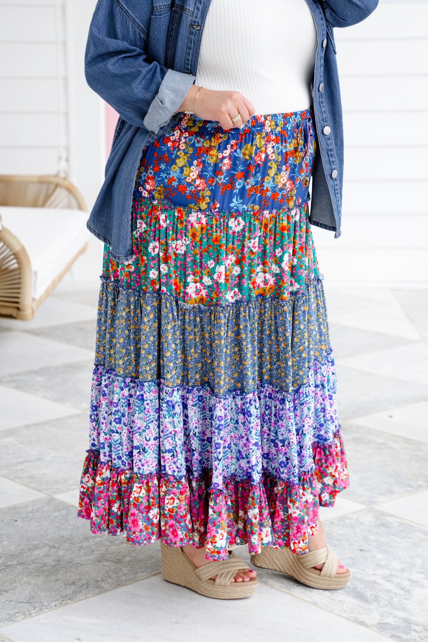 Plus/Reg Mixed Floral Print Elastic Waist Tiered Skirt