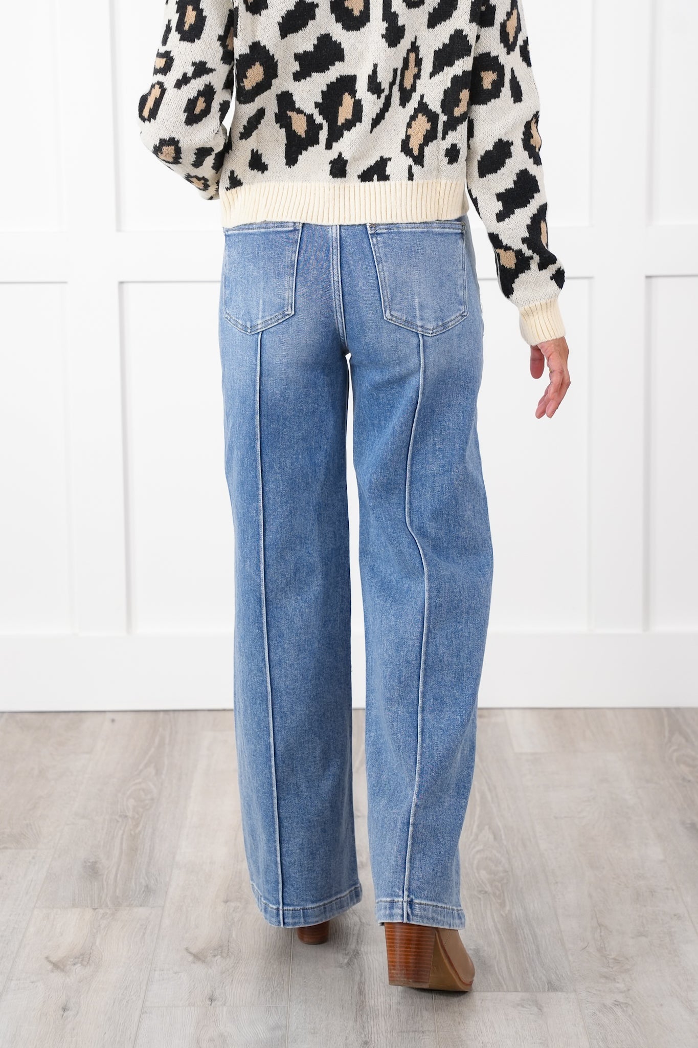 Risen High Rise Medium Wash Pintuck Detailed Wide Leg Jeans