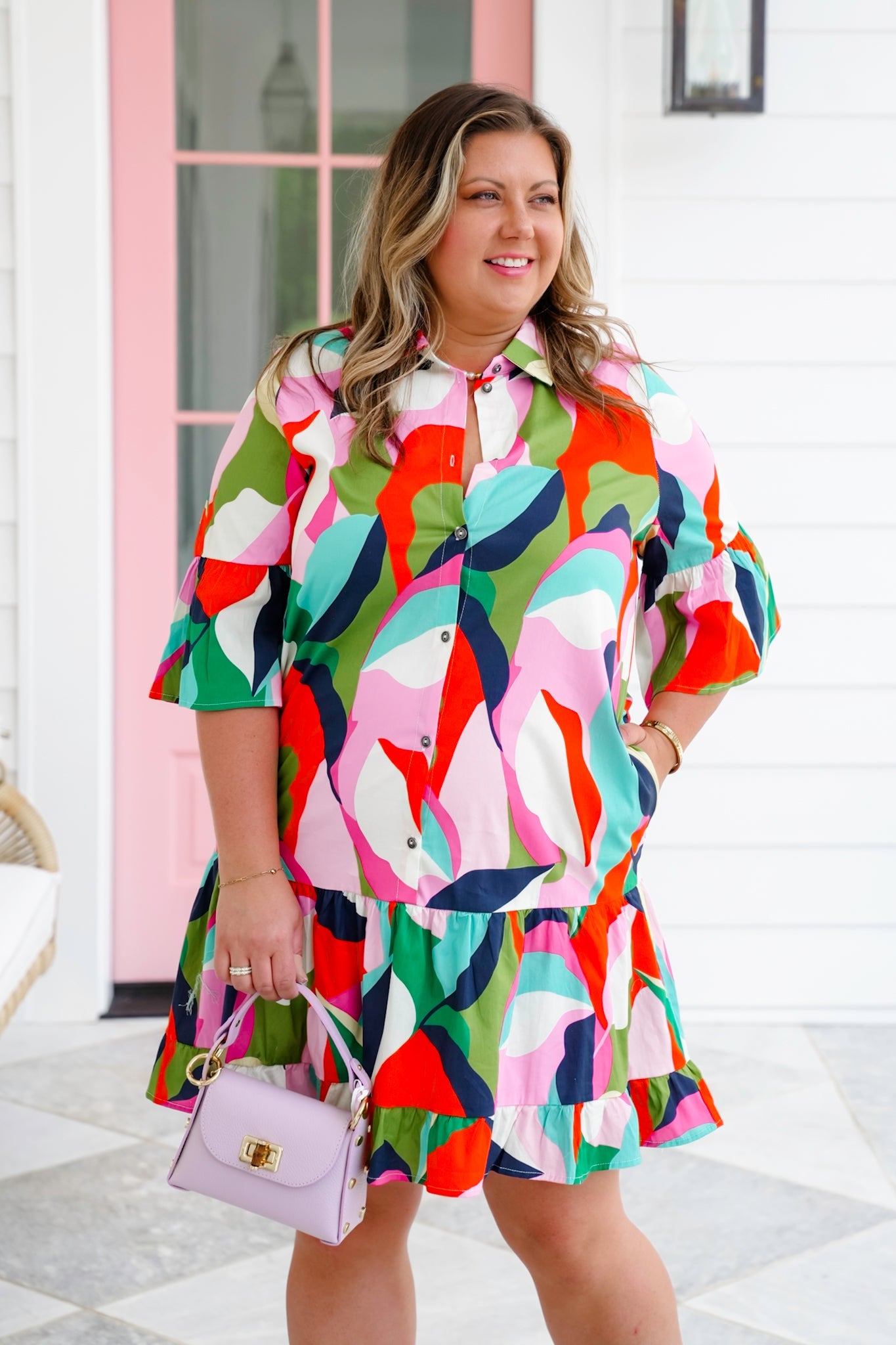 Plus/Reg Abstract Print Half Bell Sleeve Button Up Dress