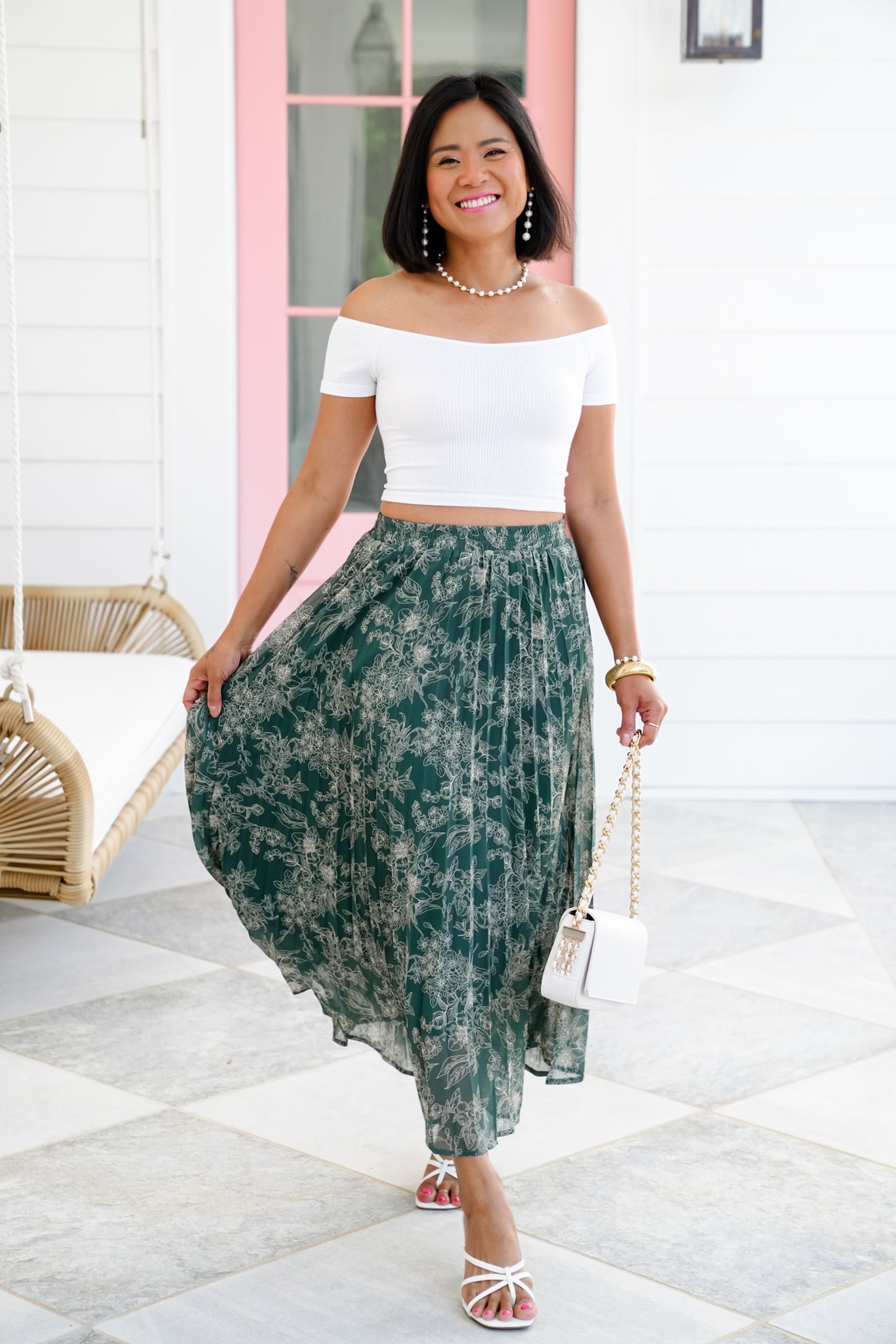Green Floral Elastic Waist Pleated Long Skirt