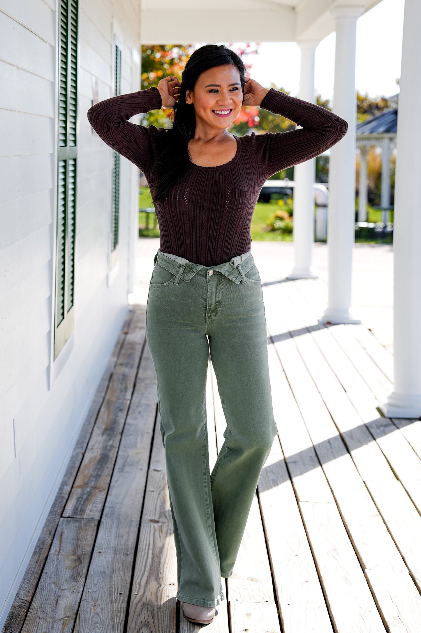 Risen Mid Rise Olive Flap Slim Wide Leg Jeans