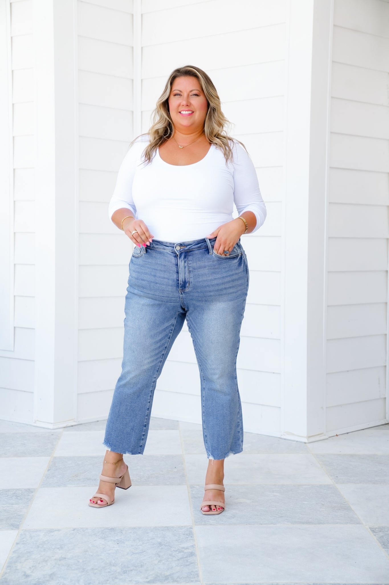 Judy Blue The Montauk Crop Mid-Rise Medium Wash Distressed Hem Kick Flare Jeans