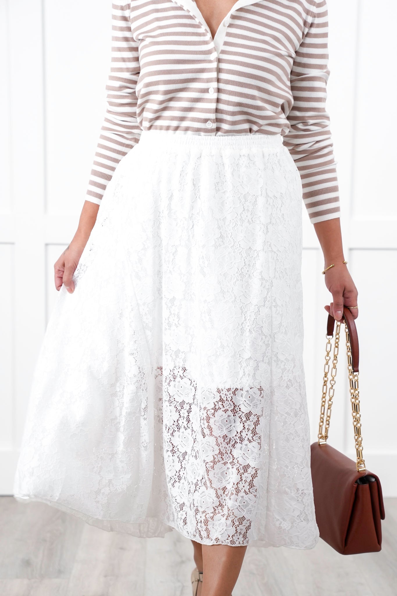 Floral Lace Elastic Waist Midi Skirt