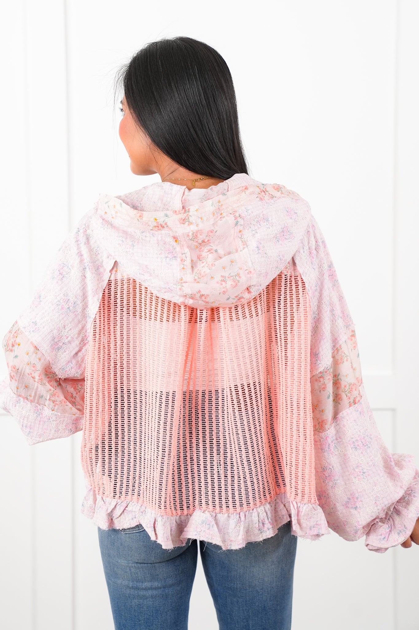 POL Crochet and Floral Long Sleeve Hooded Jacket