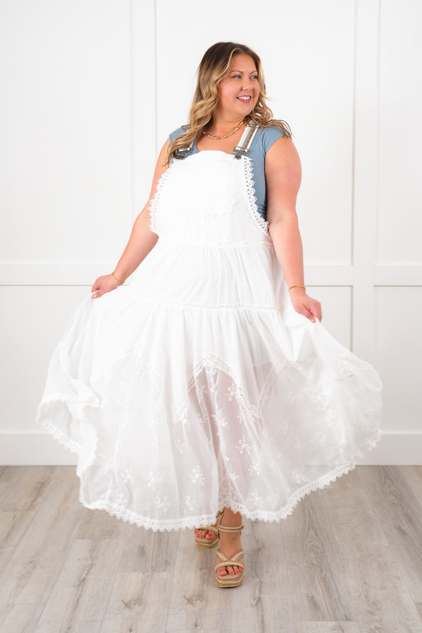 White Overall Dress with Embroidery Detail
