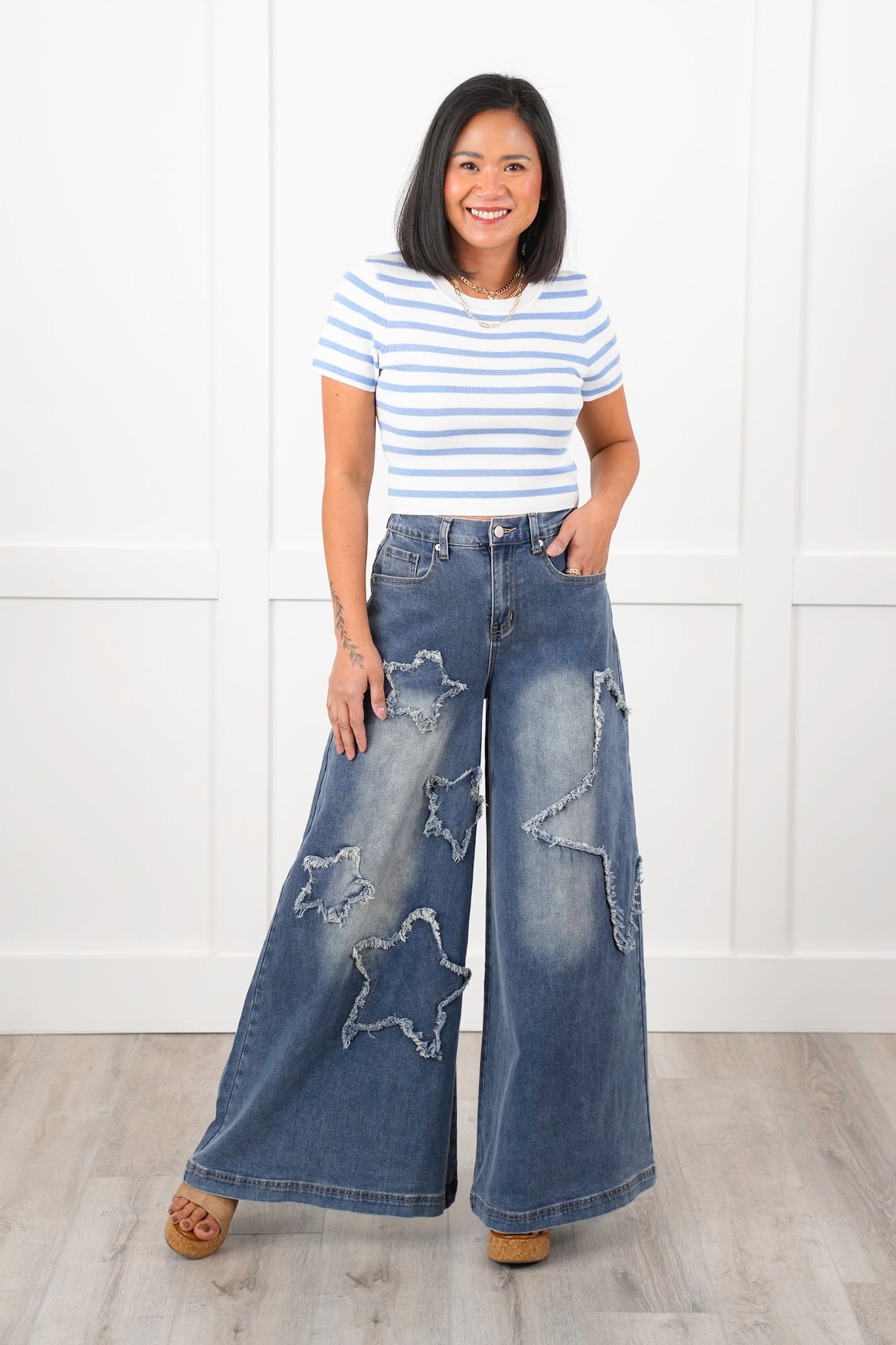 Denim Wide Leg Pants with Star Patch Detail