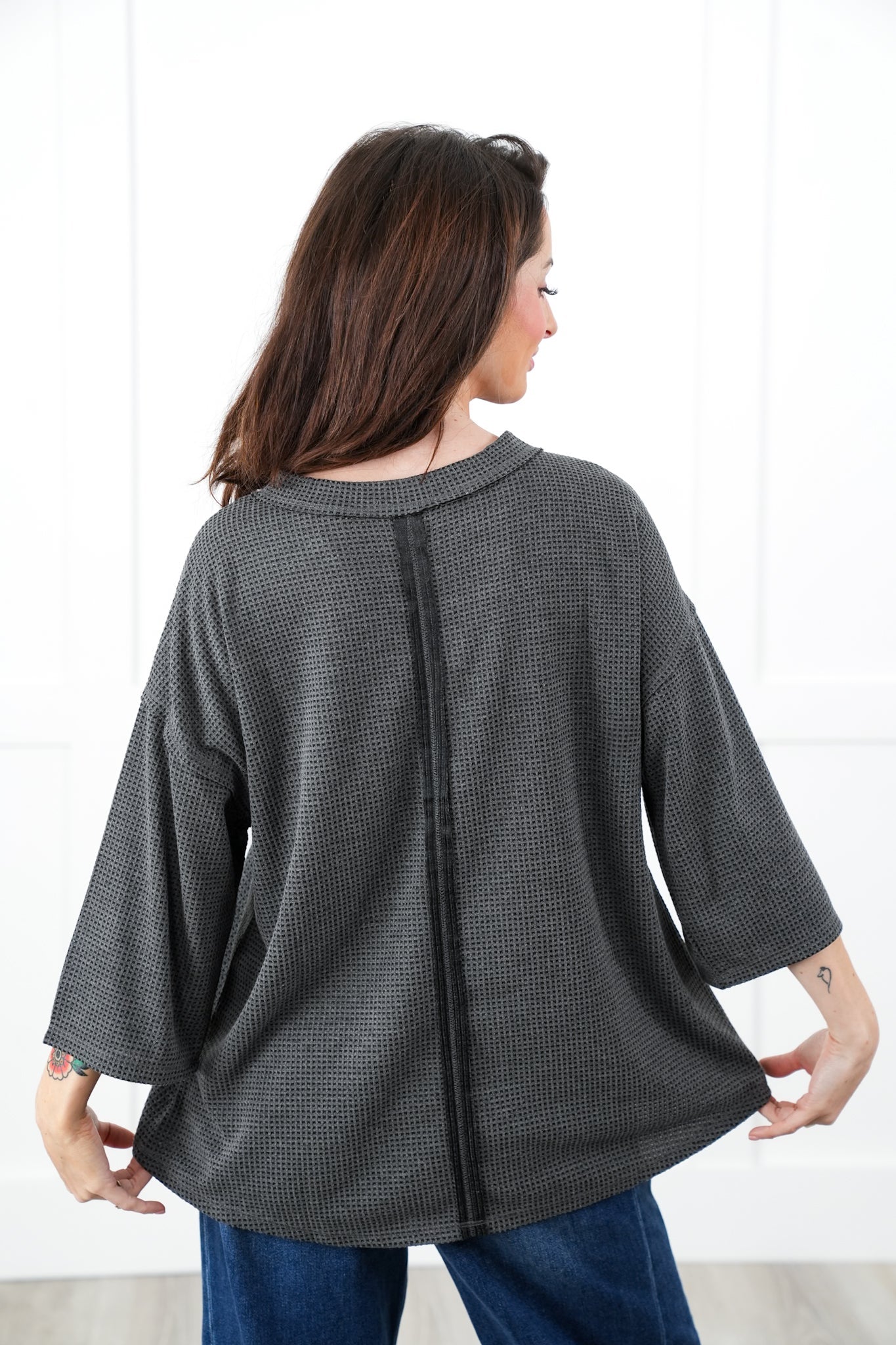Door Buster! Plus/Reg Thermal 3/4 Sleeve V-Neck Top with Button Detail