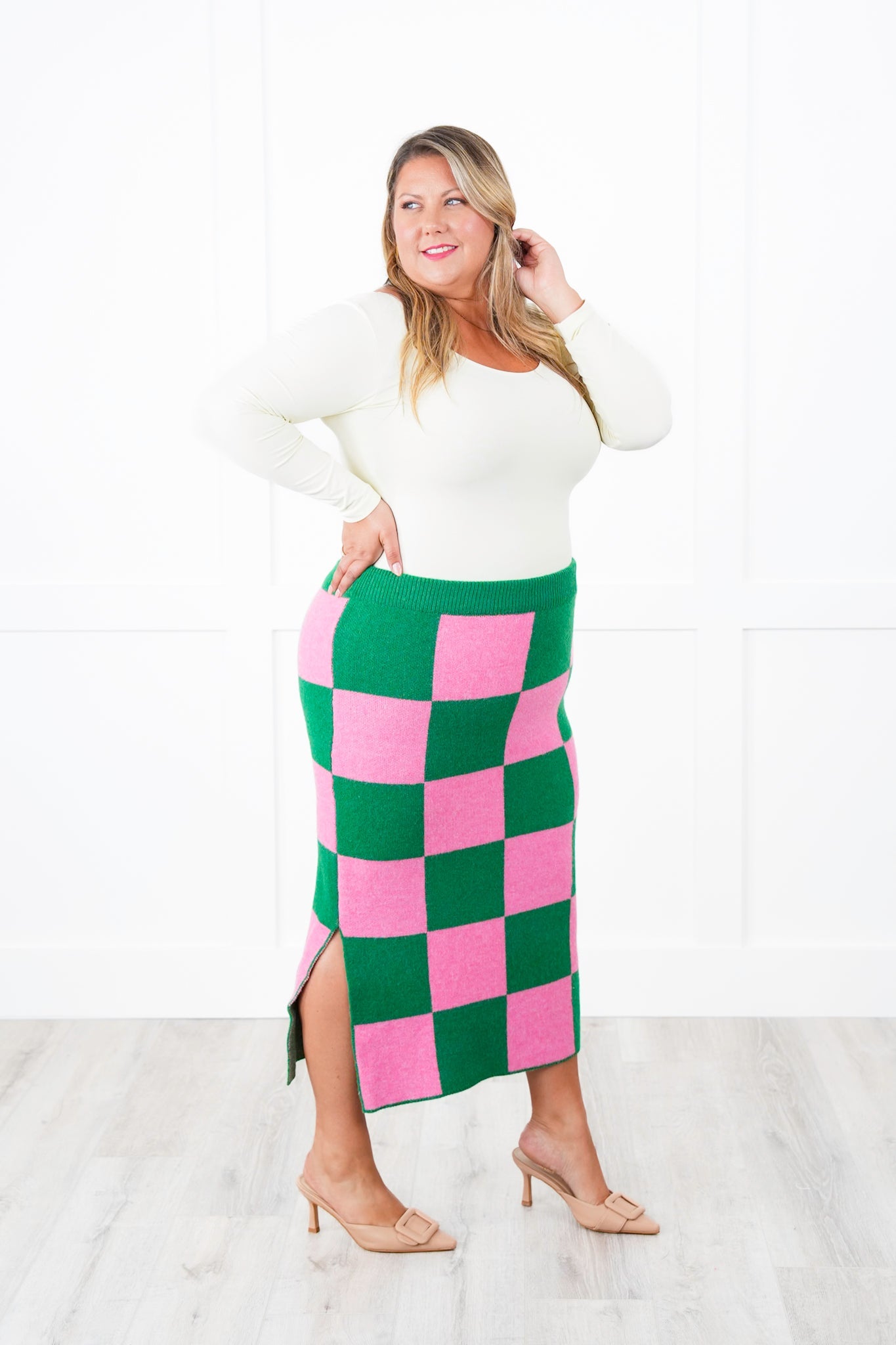 Restock! Plus/Reg Checkered Pencil Midi Sweater Skirt