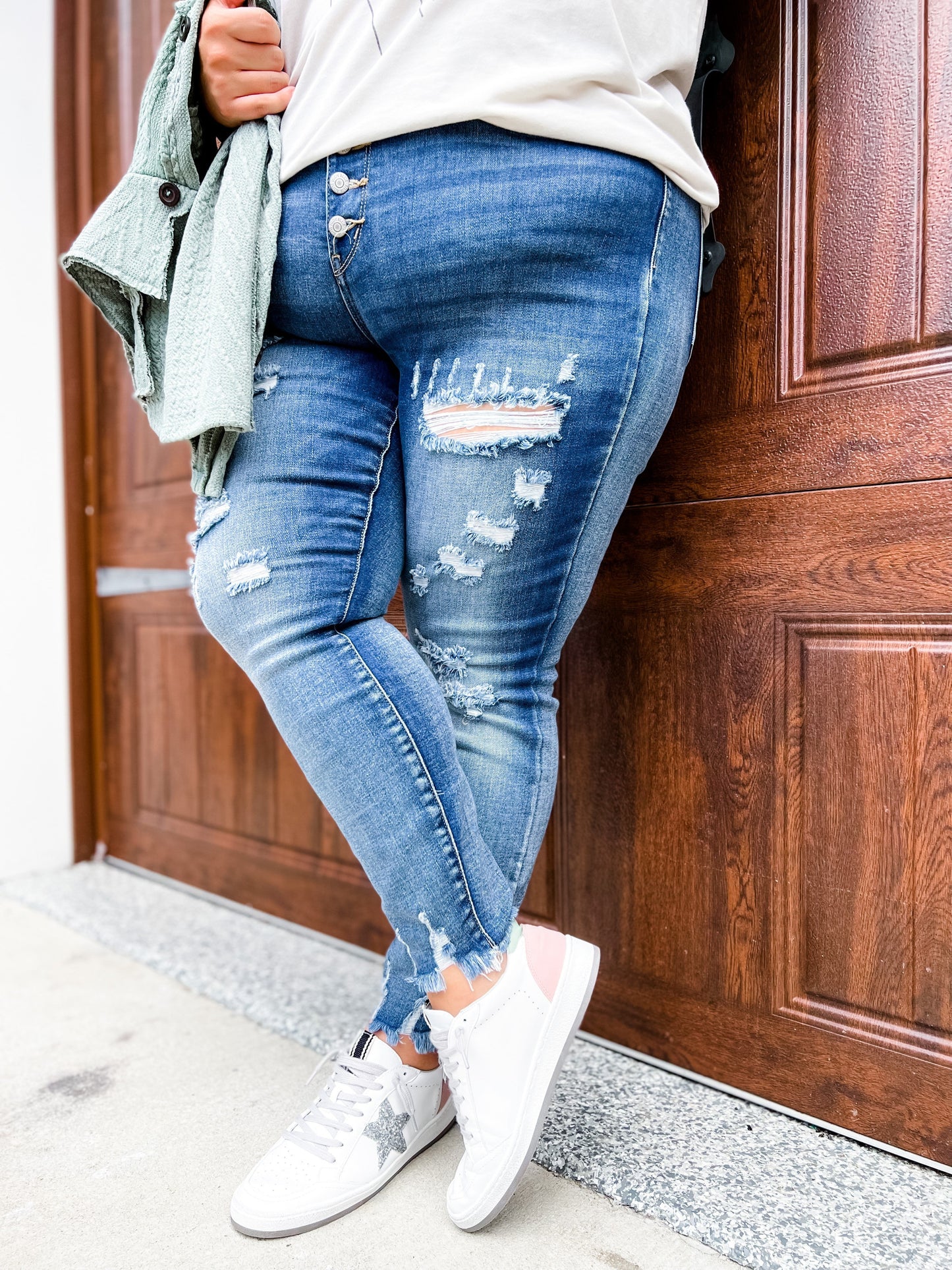 Judy Blue Wish Upon a Star Medium Wash Distressed Skinny Button Fly Jeans