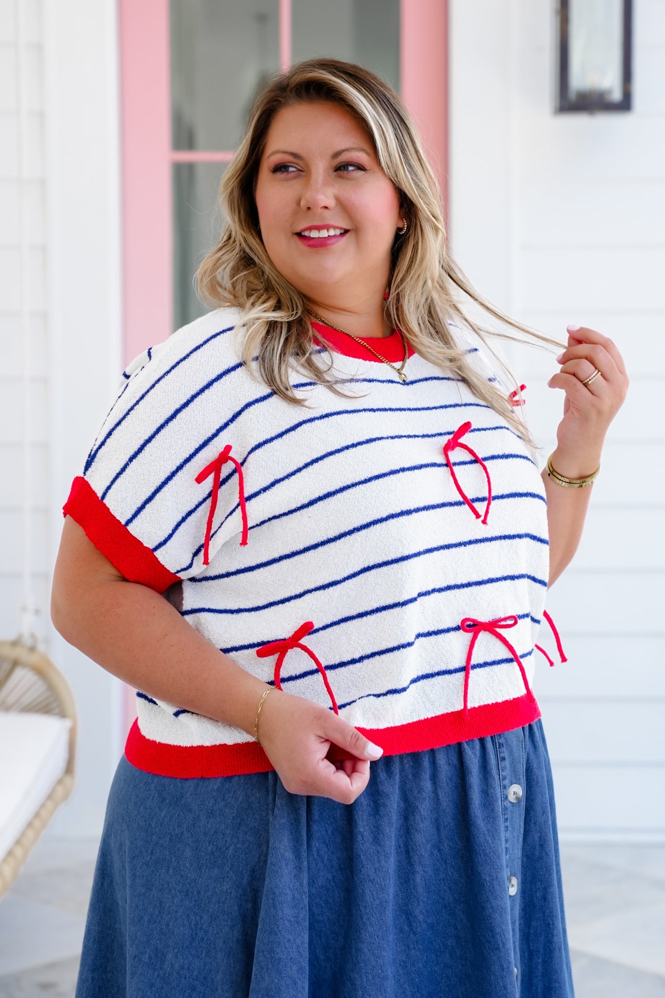 Stripe Short Sleeve Sweater with Bow Detail