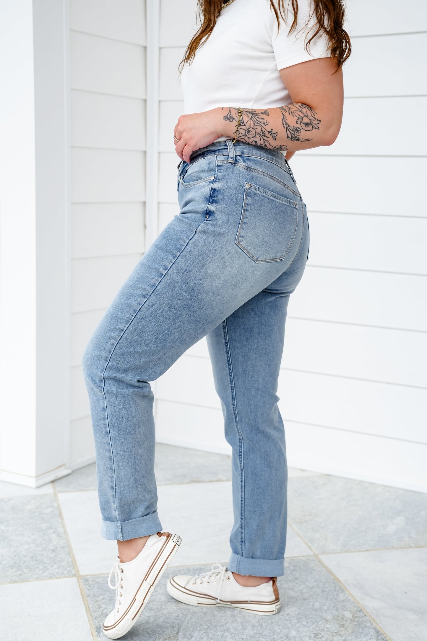 Judy Blue Riptide Mid Rise Medium Wash V Front Cuffed Boyfriend Jeans with Cool Denim